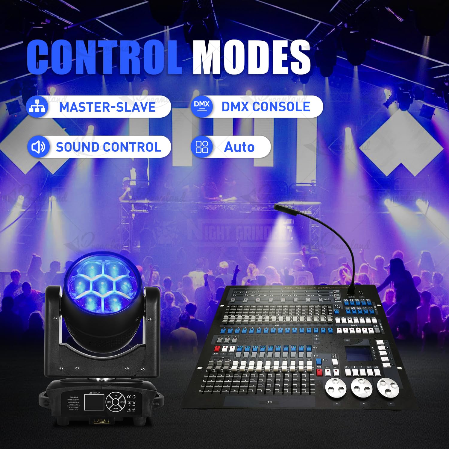 Dreamland Mini lampes DJ à tête mobile 7 x 40 W RGBW 4 en 1 - Faisceau zoom - Effet d'éclairage de scène avec son DMX - Contrôle automatique - Pour fêtes, club, concert, mariage, discothèque, Noël