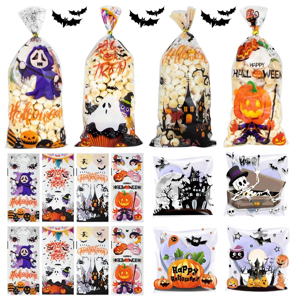 Halloween Cookies and Candy Bags - Sealable, Food Safe, Ghost and Pumpkin Patterns, Trick or Treat Party Supplies, Packaging Bags for Cookies and Candies-200Pcs
