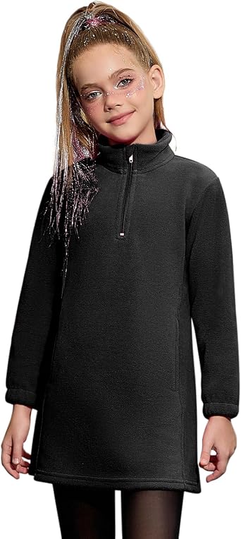 Mirawise Girls Fleece Dress 1/3 Zip Polar Long Sleeve Sweatshirt Stand Collar Fall Winter Pullover Dress with Pockets