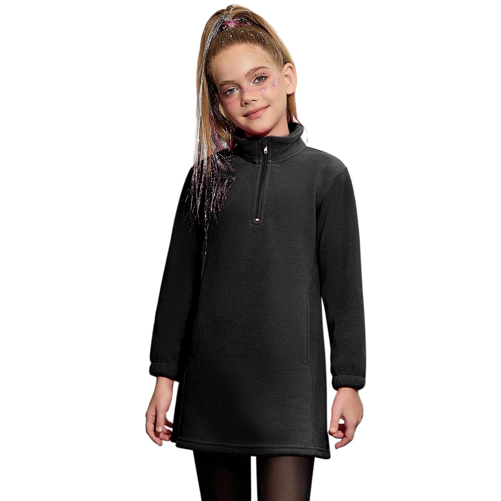 Mirawise Fleece-Kleid für Mädchen, 1/3-Reißverschluss, Polar-Langarm, Sweatshirt, Stehkragen, Herbst, Winter, Pulloverkleid mit Taschen