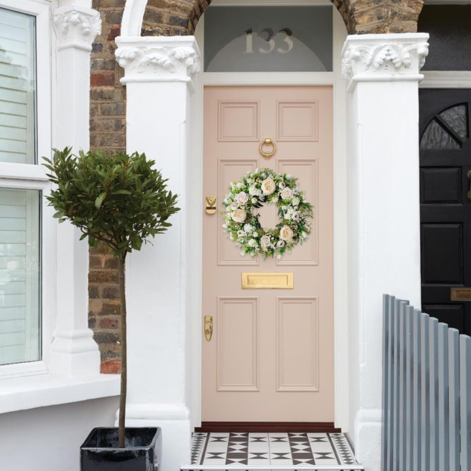 Artificial Floral Wreath for Front Door, 22" White Peony Rose Wreath for Indoor Outdoor Home Wall Window Wedding Decorations