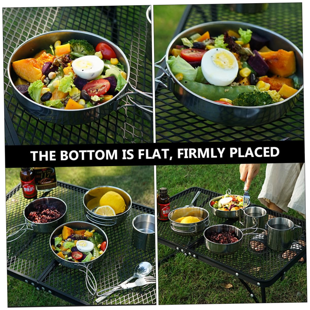 Milisten Set de Vaisselle 5 Pièces en Acier Inoxydable Camping Car Casserole et Gobelet, Fond Plat, Rangement Empilable pour Pique-niques et Randonnée