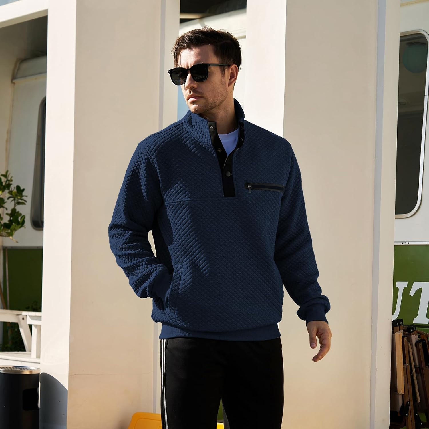 MANLUODANNI Men's Casual Sweatshirt Long Sleeve Waffle Stand Collar Button Quilted Pullover Sweatshirts with Pocket - Image 3