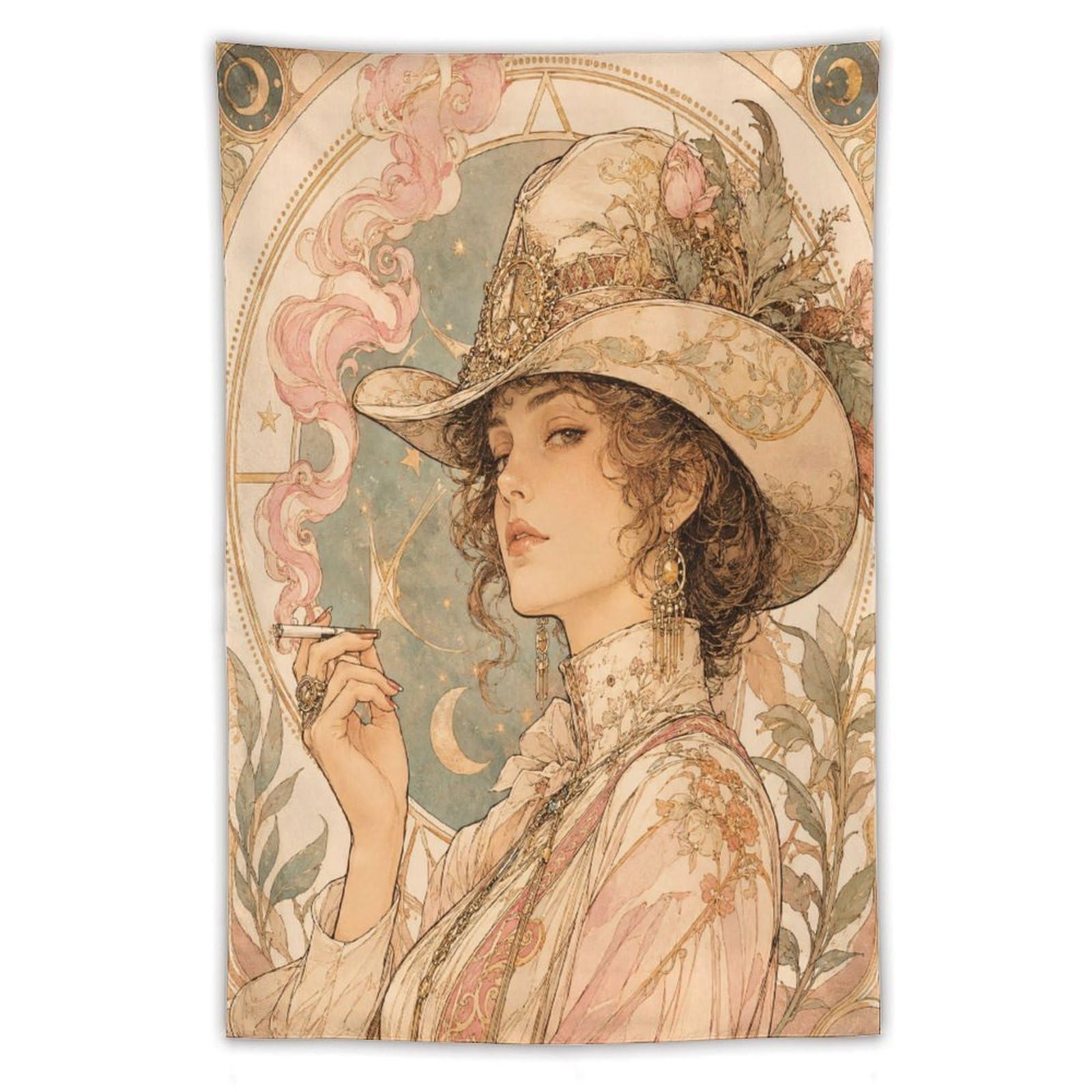 W7C8U2X3 Cowgirl with UFO Hat Wall Tapestry, Art Nouveau Style, Dorm Room