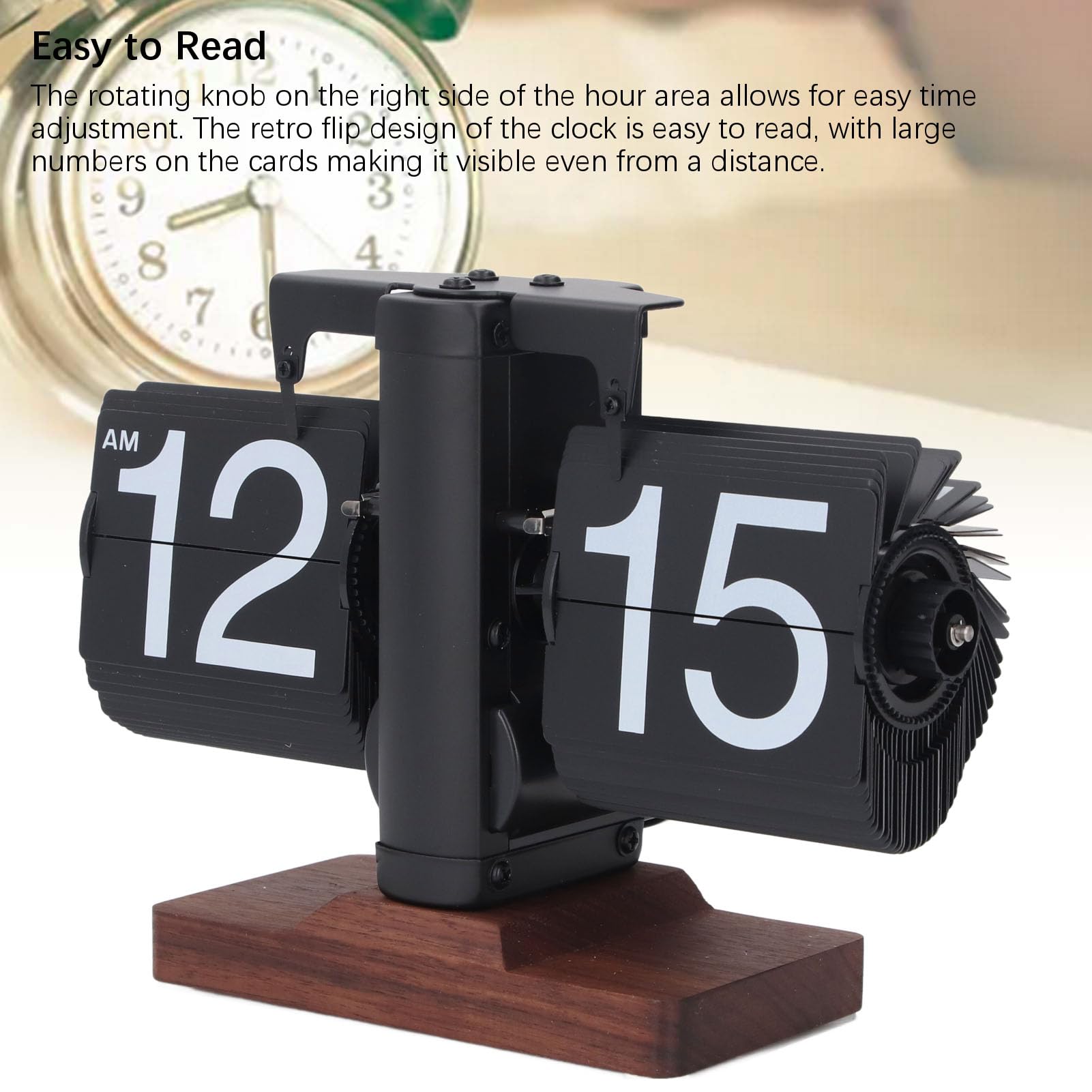 SIXRUN Reloj Abatible de una Cara de Primera Calidad con Base de Madera de Nogal, Reloj Retro Automático de de Página para Decoración de Oficina y Hogar (Marco Negro Páginas Letras Blancas)