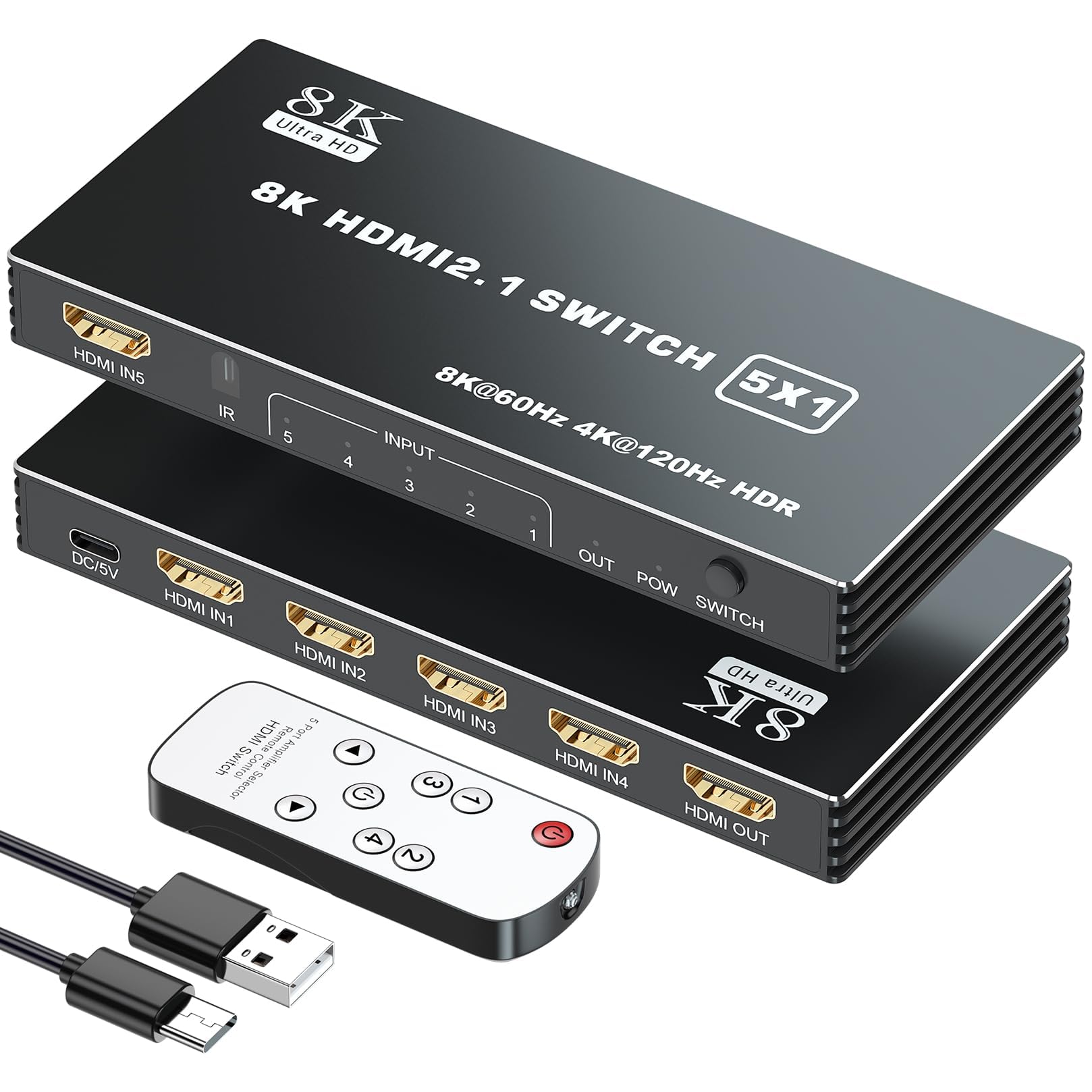 HDMI 2.1 Switch 5x1, 8K HDMI Switcher 5 in 1 Out, Supports 8K/60Hz, 4K/120Hz, HDCP 2.3, HDR10, 5-Port Selector Box Compatible with PS3/4/5, Fire Stick, DVD, Xbox, Switch, and Other HDMI Devices