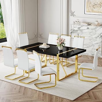 71" Dining Table Set for 8, Modern Dining Table Set for 8, Black Gloss Tabletop with Gold Stainless Steel Legs, 9 Piece Dininig Table Set with Faux Leather Chair for Apartment, Kitchen, Modern Home