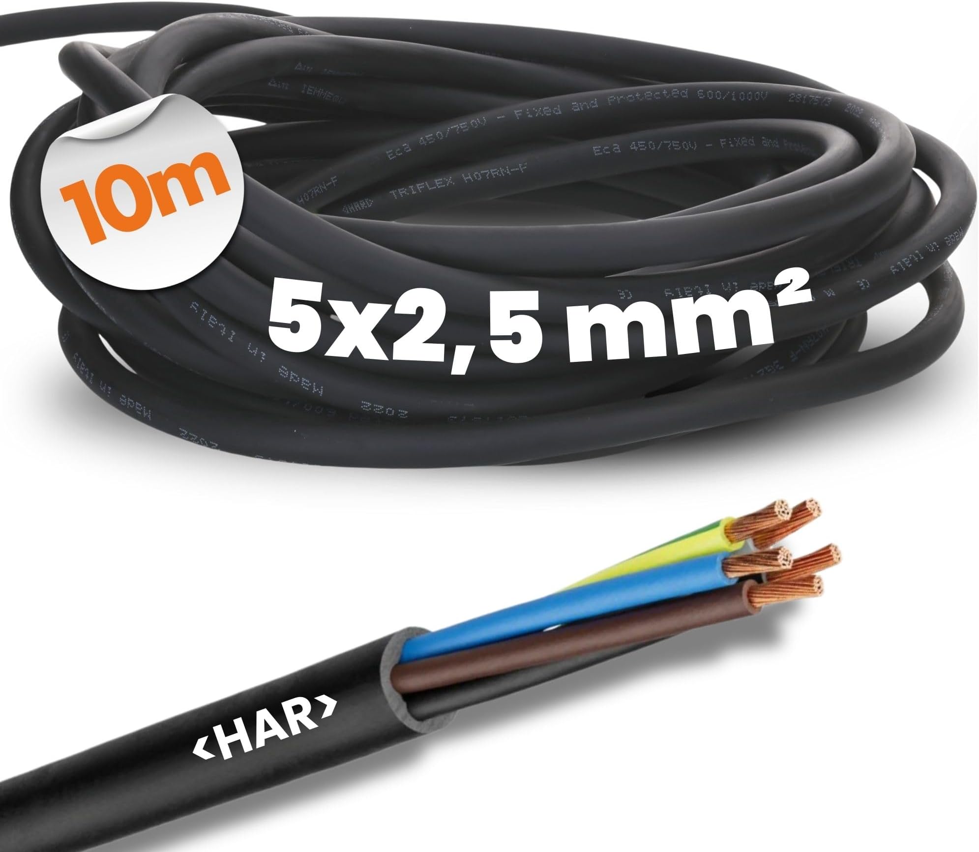 16001293 10 m Rubber Cable H07RN-F 5 x 2.5 mm² with Protective Conductor I UV-Resistant Cable for Outdoor I Cold Resistant I Connection Cable 5G2.5 mm2 Black