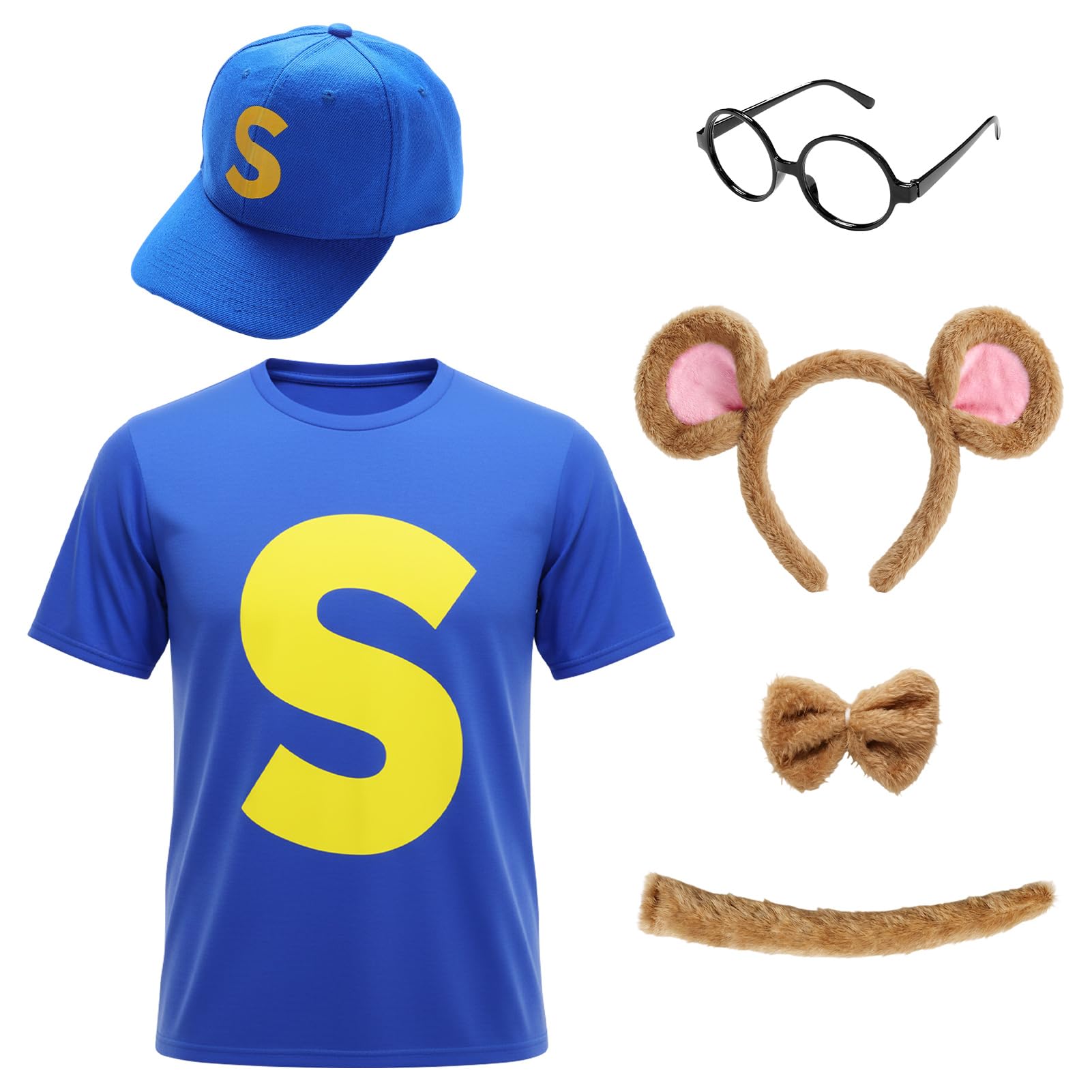 Suffolly 5-piece outfit set, including a headband, hat, bow, T-shirt, and tail. (Blue, XXL)