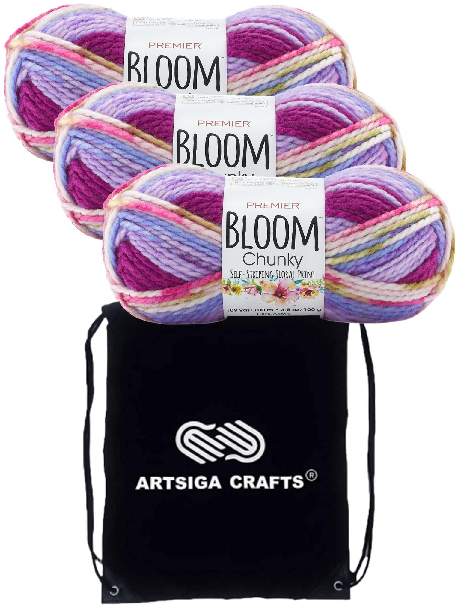 Premier Yarns Bloom Chunky Iris 1114-18 (3-Skeins - Same Dye Lot) Chunky Bulky #5 Acrylic Yarn for Crocheting and Knitting with Project Bag