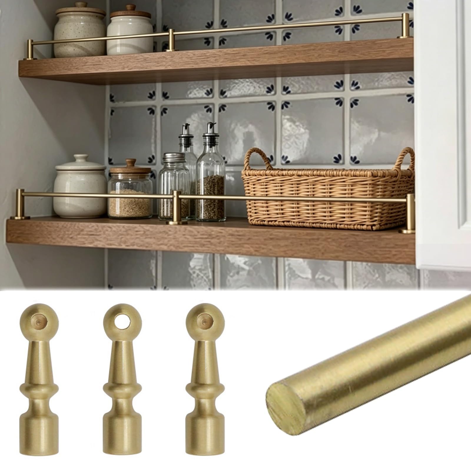 ERRULAN Brass Shelf Rails for Shelves, Round Tube Barrier Decorative Rod Guard Fence, Minimalist Gallery Railing Enclosure, Protects Against Falls(Style B,42in/106.7cm)