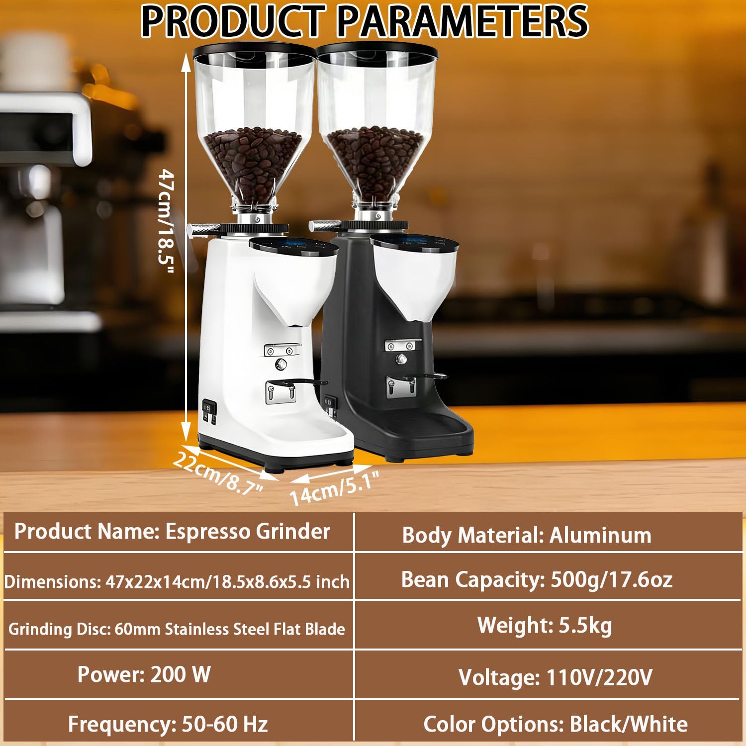 Molinillo de café eléctrico con muelas, Molinillo de café con Pantalla Digital y ajustes Regulables, Soporte de Embudo Desmontable, Panel de Control LED, para Espresso y café de Filtro. White