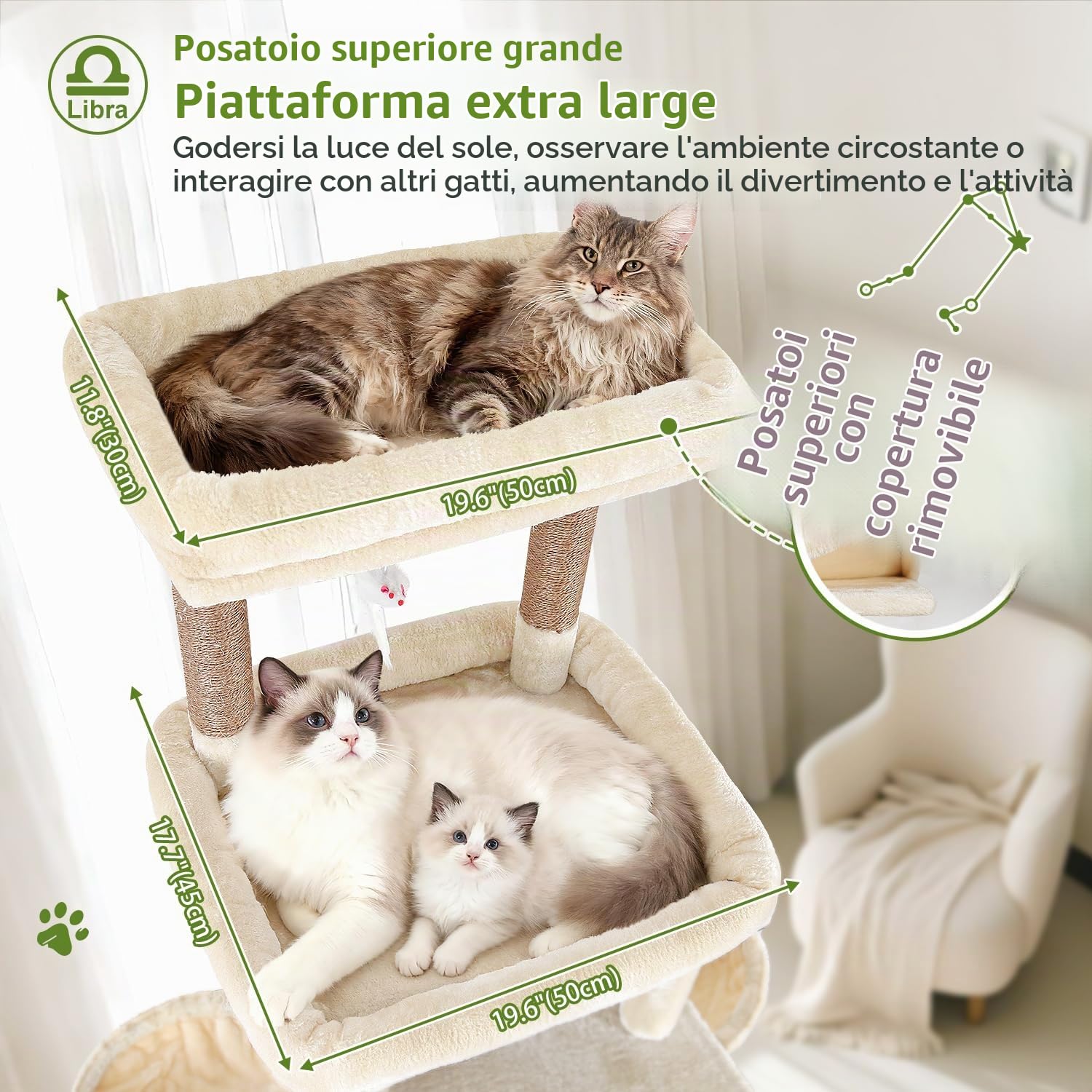 Globlazer Tiragraffi Beige XXL per Gatti Adulti Alto 200 cm con 2 Grandi Piattaformas, 2 Grand Grotta, 2 Rampas Sisal, 2 Cestini, Albero Tiragraffi 2m Stabile per Multipli Gatti Grandi (Z78, Beige)