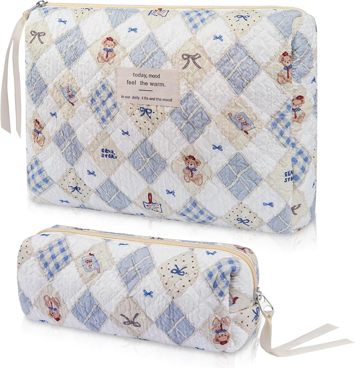 2PC Makeup Bag Set, Cute Cosmetic Bag for Women Girls, Floral Coquette Aesthetic Toiletry Bag, Travel Make Up Organizer Bag (Argyle Bear)