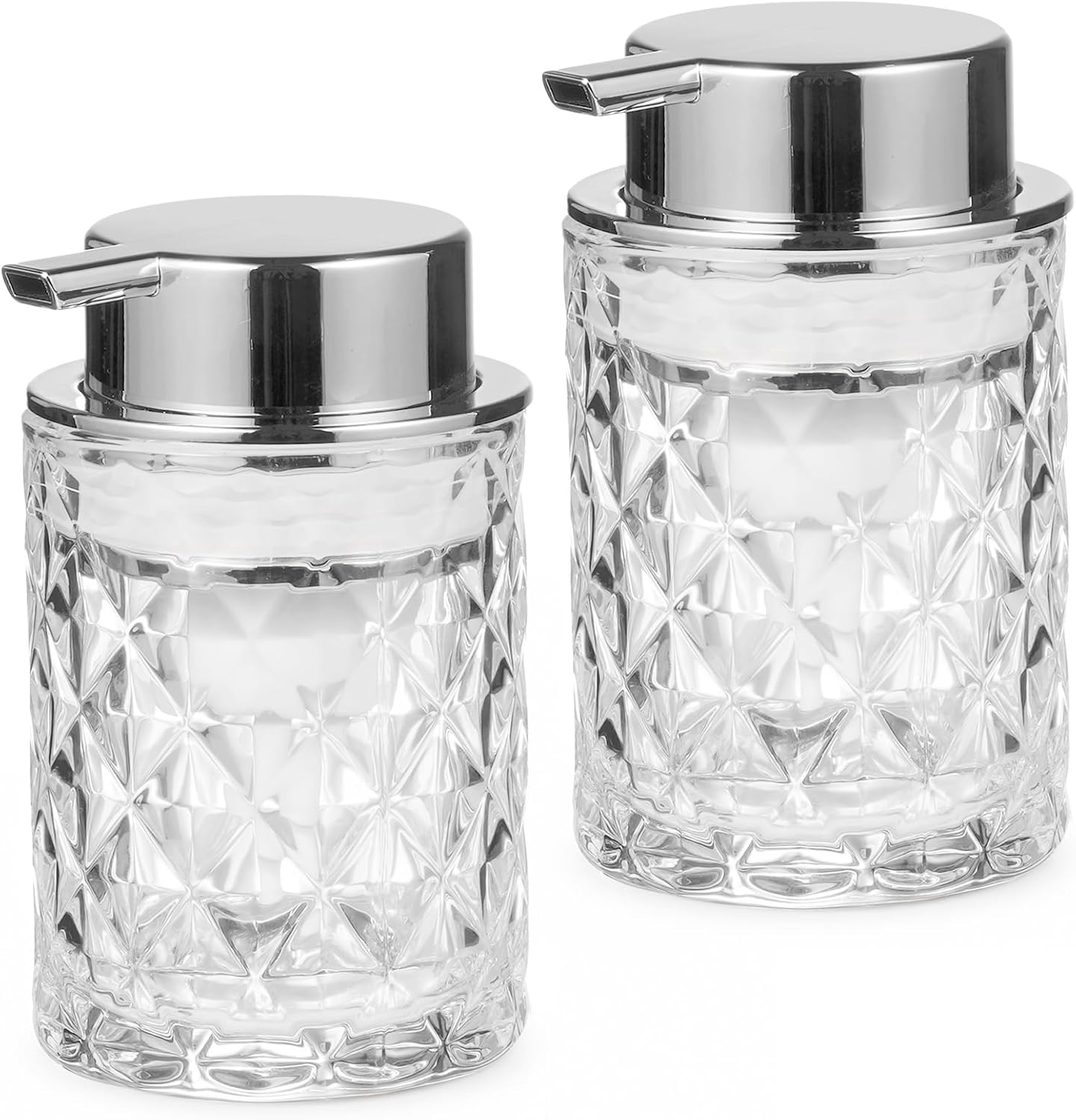 Foaming Soap Dispenser, Clear Diamond Glass Soap Dispenser, Silver 2 Pack
