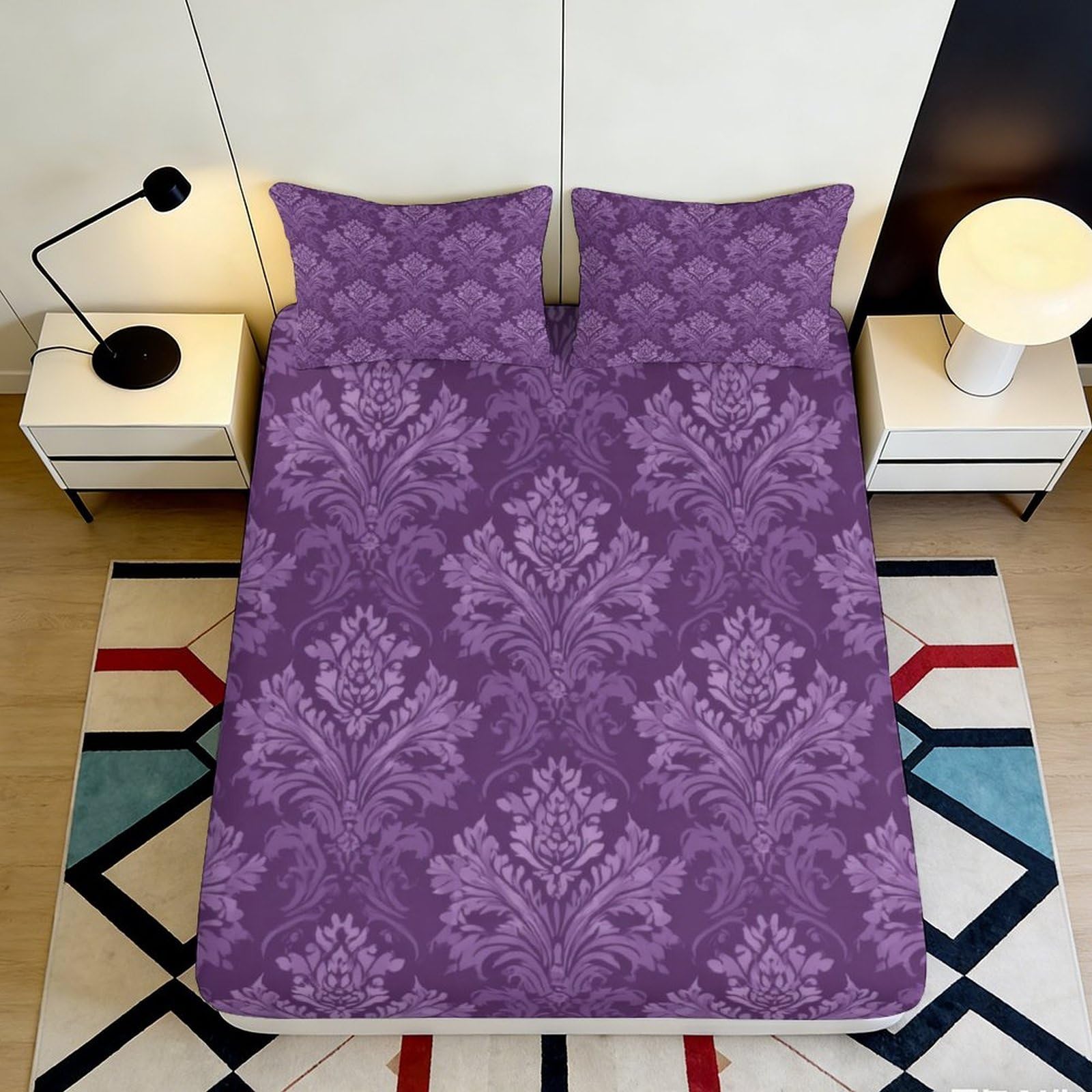 3D Printed Purple Damask Fitted Sheet Microfiber Soft Breathable Ornamental Bed Cover for Bedroom Dormitory Guest Room Mattress Protection 200x200x25cm