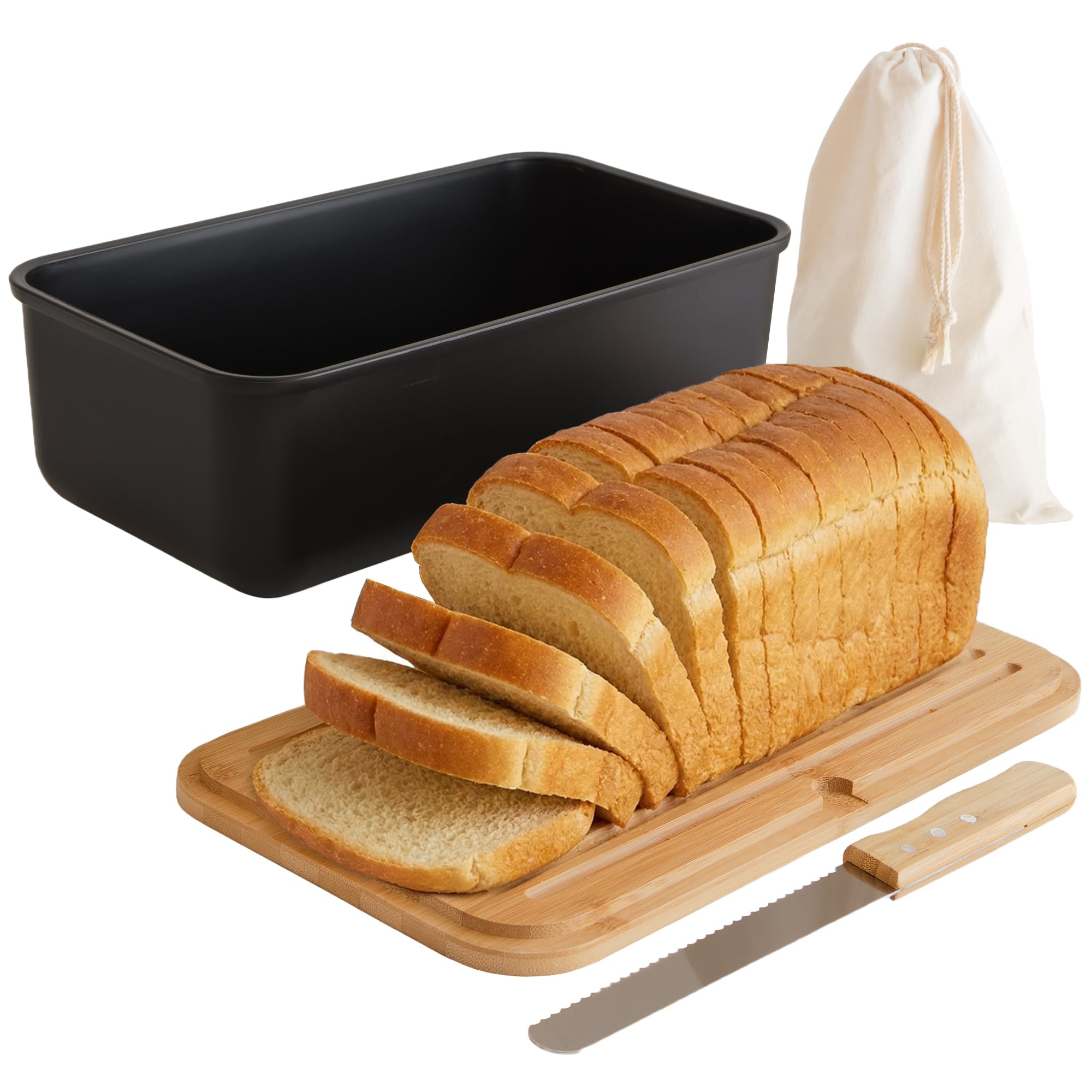UCO Portapane Nero 38 cm con Coperchio in Bambù Tagliere e Coltello, Sacchetto in Tessuto Incluso, Porta Pane da Cucina Moderno, Contenitore per Pane Fresco per Filone, Ciabatta, Pagnotta e Focaccia