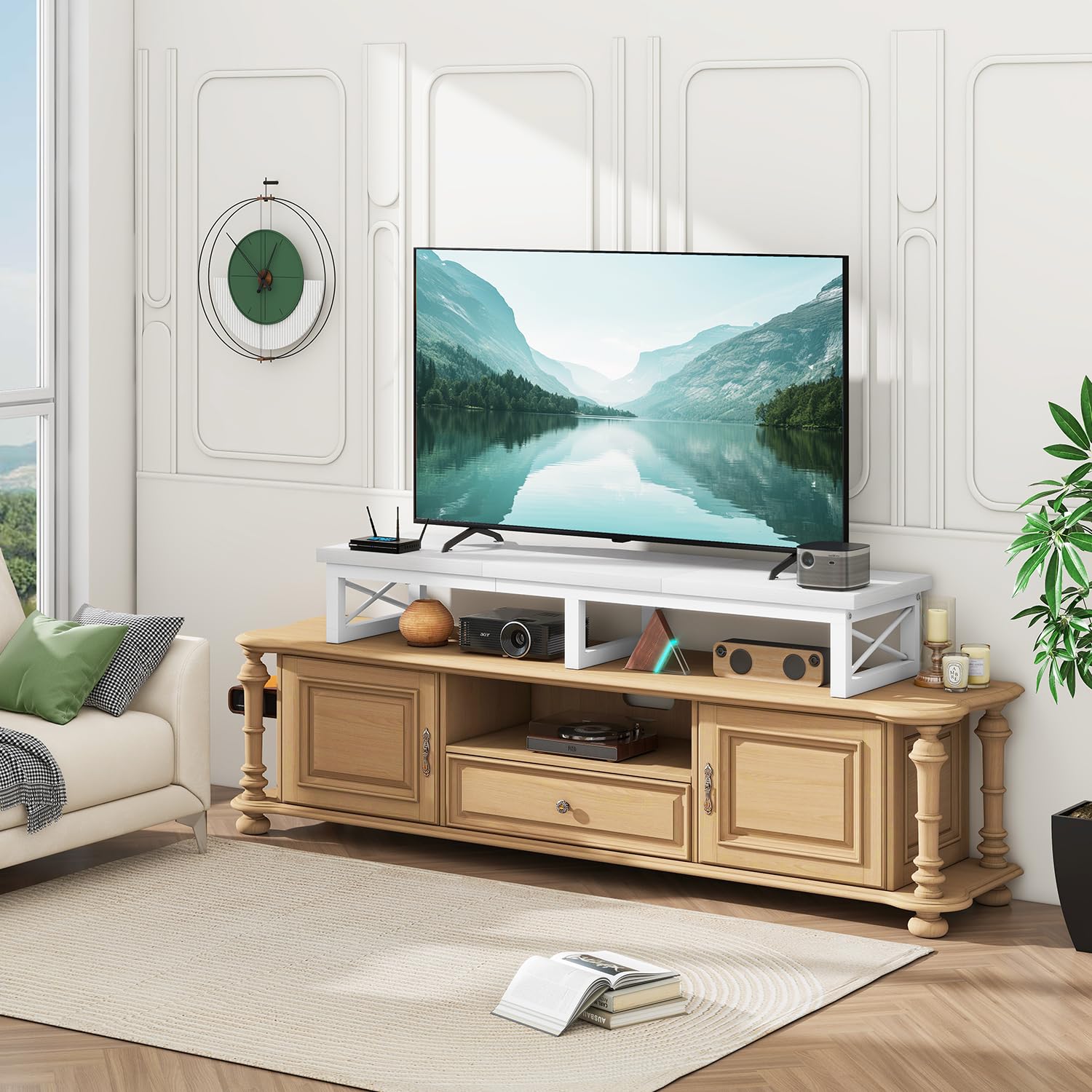 IBUYKE 32-60" Mueble TV,Mesa Televisión Estrecha con 2 balda,Doble Pantalla de Escritorio de Oficina,Mueble de TV para Hogar,Dormitorio,Sala de Estar,Blanco TVT002W