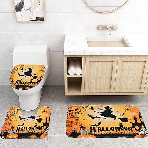 Miniatura 2 de Yizheer Juego de 4 cortinas de ducha de calabaza de Halloween con alfombras antideslizantes, cubierta para tapa de inodoro y tapete de baño,