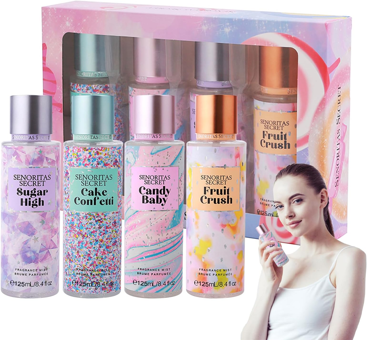 Fruity Scent Mini Perfumes Set for Women - 4Pcs Long-Lasting Body Mist with Spray Design, Safe for Skin & Hair, Teen Girl Fragrance Gift, Victoria Secret-Style Travel Spray