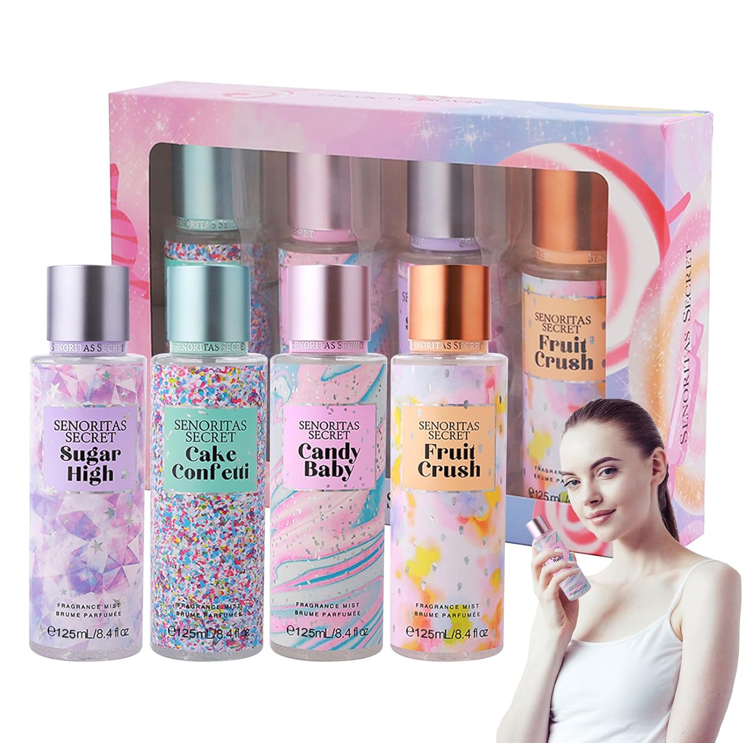 Fruity Scent Mini Perfumes Set for Women - 4Pcs Long-Lasting Body Mist with Spray Design, Safe for Skin & Hair, Teen Girl Fragrance Gift, Victoria Secret-Style Travel Spray