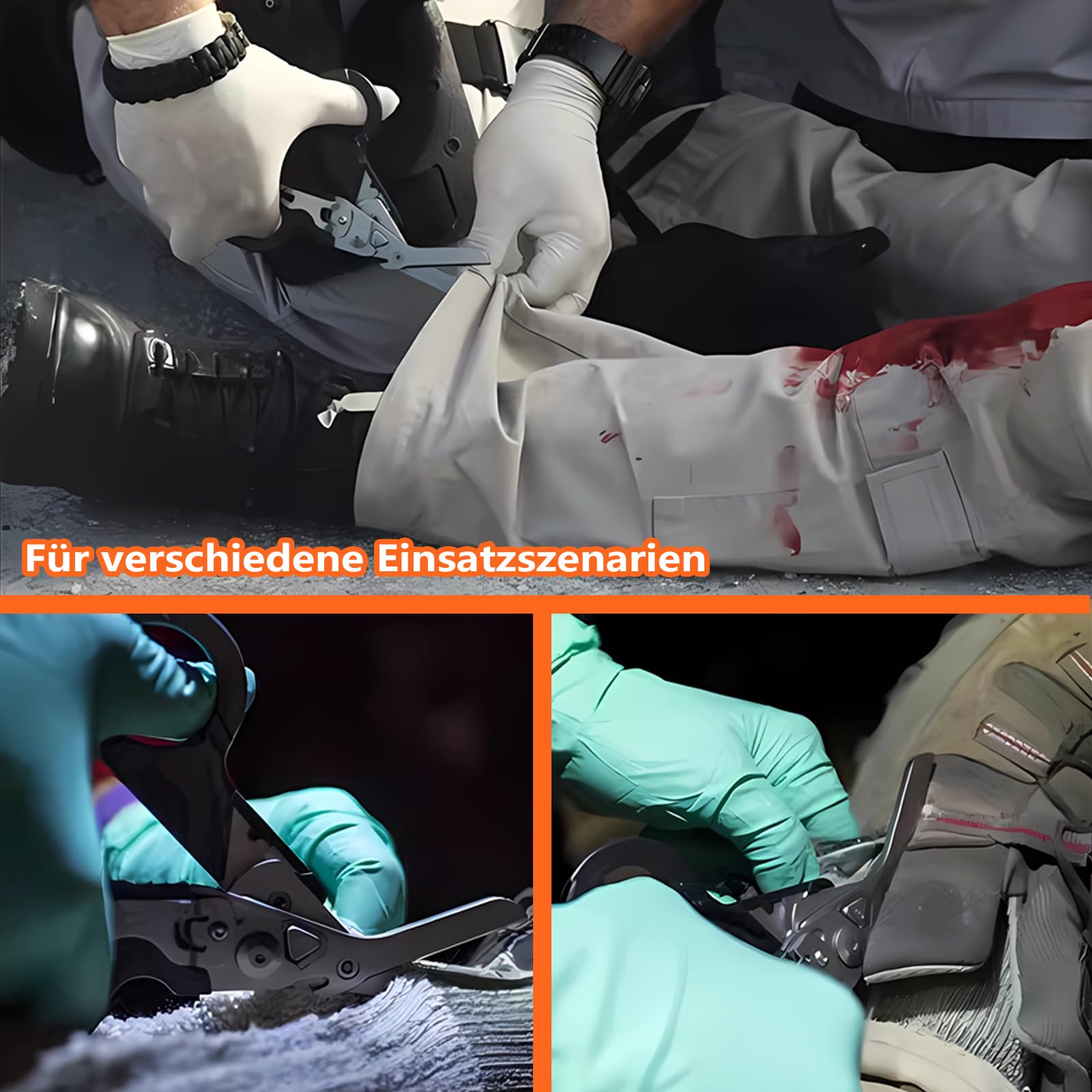 Trauma-Schere, Rettungsschere Multitool, Notfallschere, Glasbrecher, Gurtschneider, Schwarz-Orange