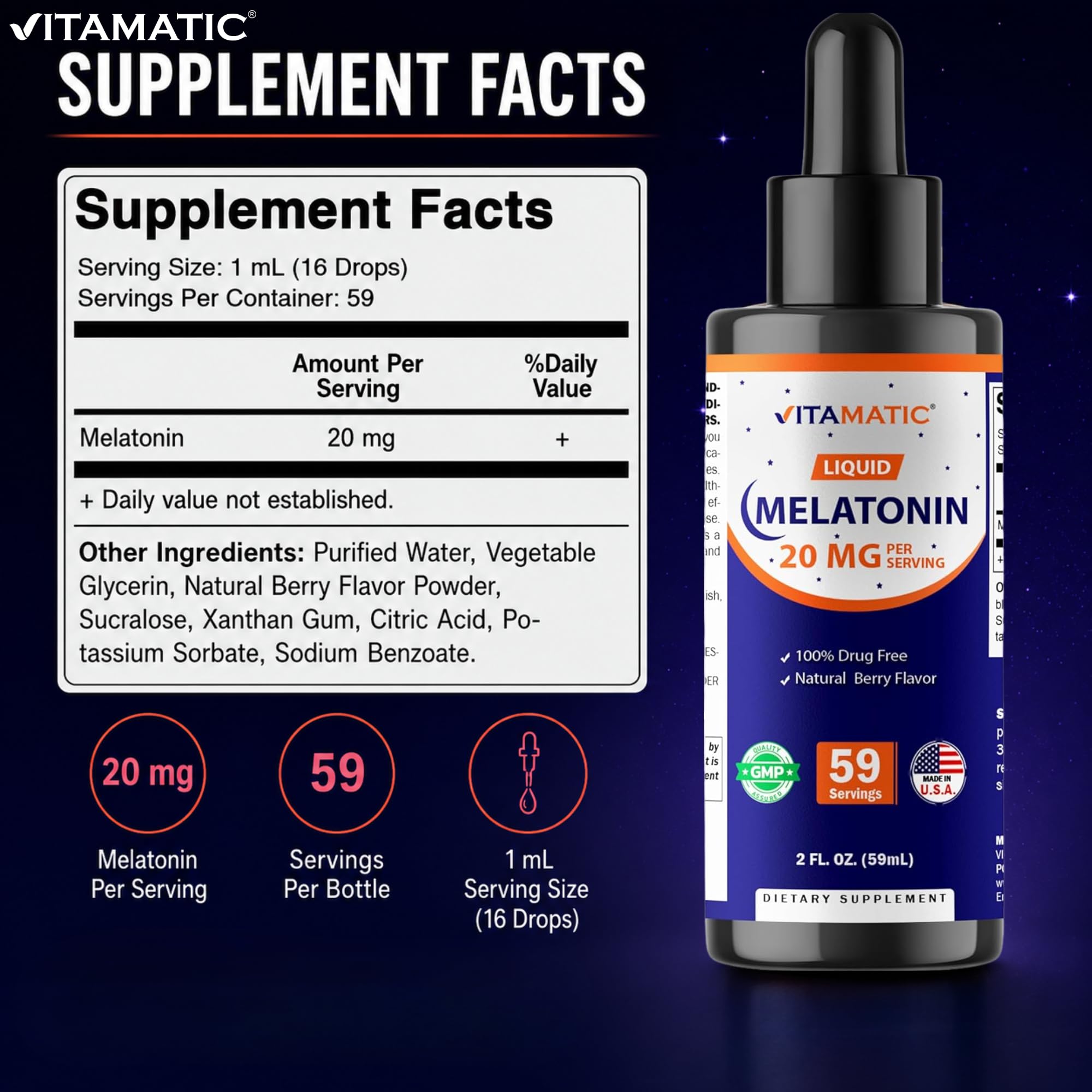 Vitamatic Liquid Melatonin 20 mg, Natural Berry Flavor, 2 fl oz, 2 Pack — Amazon image 2