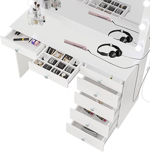 Miniatura 6 de Boahaus Serena - Tocador de maquillaje moderno con bombillas de Hollywood 7 cajones espejo ancho parte superior de MDF para dormitorio parte