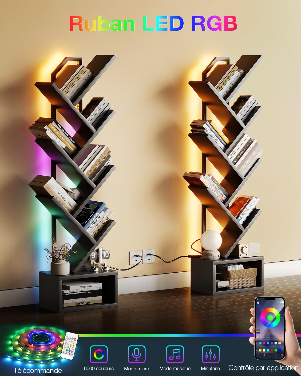Coleshome Étagère en Forme d'arbre, Bibliothèque sur Pieds à 6 Niveaux, Bibliothèque en Bois Convient pour Les Salons et Les Chambres à Coucher (Noir)