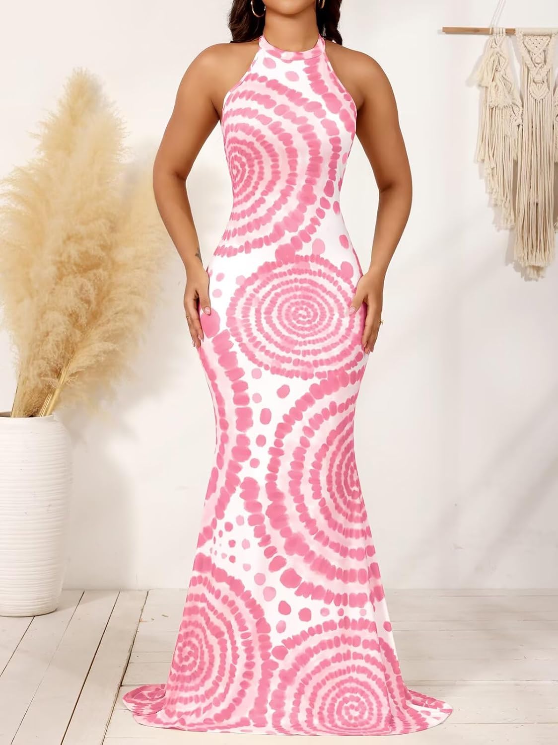 EDITCOZY Women Sexy Bodycon Maxi Dress Tie Dye Beach Summer Dresses Halter Backless Vacation Long Sundress - Image 5