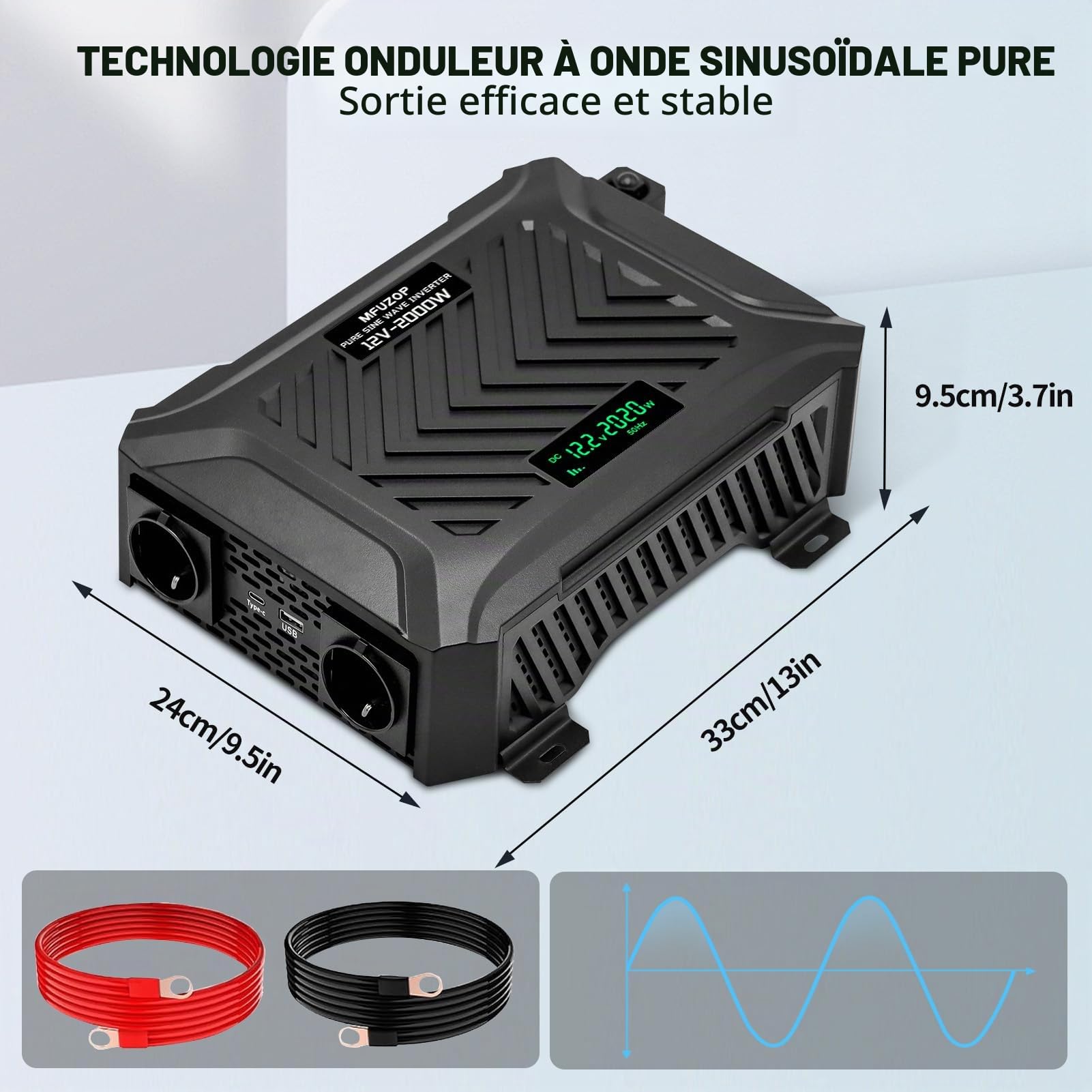 2000W Convertisseur Pur Sinus 12V 220V/230V (4000W Crête), Transformateur avec 2 Prises EU, 1 Type-C, 1 USB 2.1A, Onduleur à Onde Sinusoïdale Pure pour Camping-Car Camion Solaire