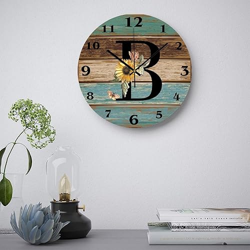 Miniatura 3 de Reloj de pared redondo de cloruro de polivinilo con letra B de girasol, negro, moderno, sin tictac, nombre floral, 12 pulgadas, estilo granja, para