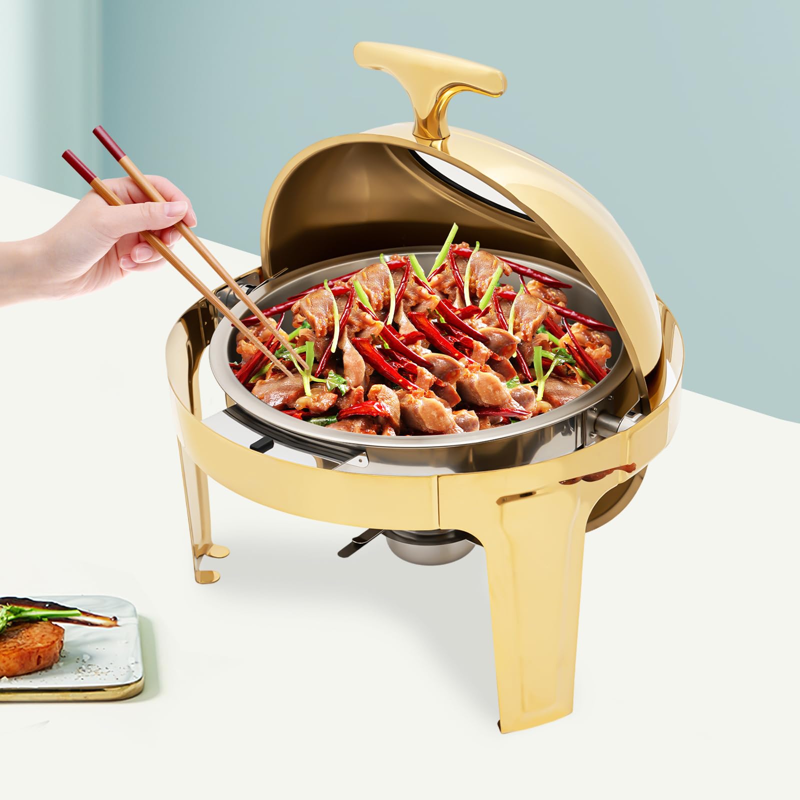 TFCFL 6.3 QT Round Chafing Dish Buffet Set with Visible Lid, Roll Top Stainless Steel Buffet Warmer Chafers with Food and Water Trays for Catering Events Parties Weddings Dinners