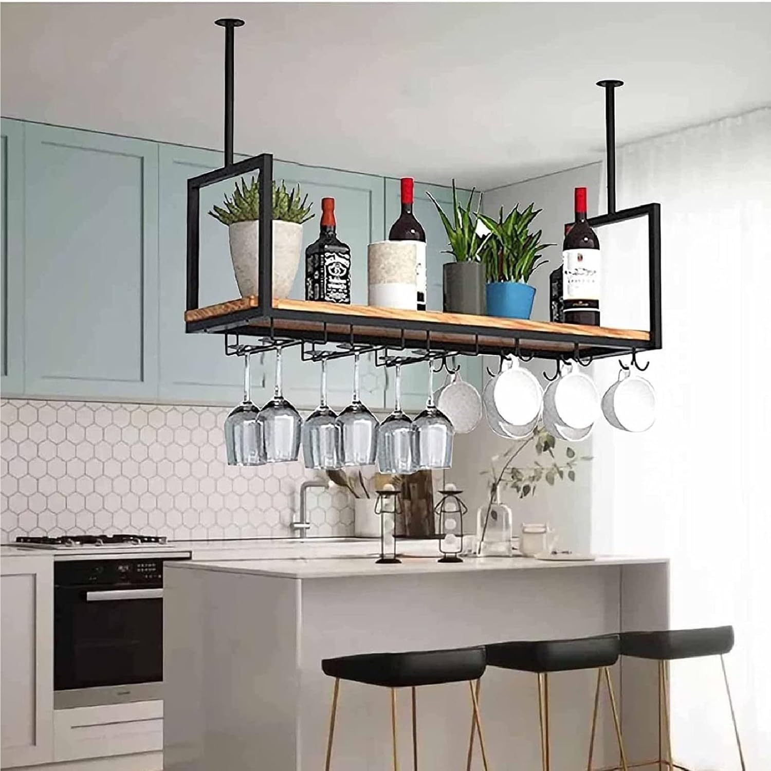 Ceiling Glass Holder - Hanging Wine Rack, Inverted Iron Wine Rack, Black Vintage Wall Hanging Plant Display, Bar/Restaurant Wine Rack, Bearing 60kg