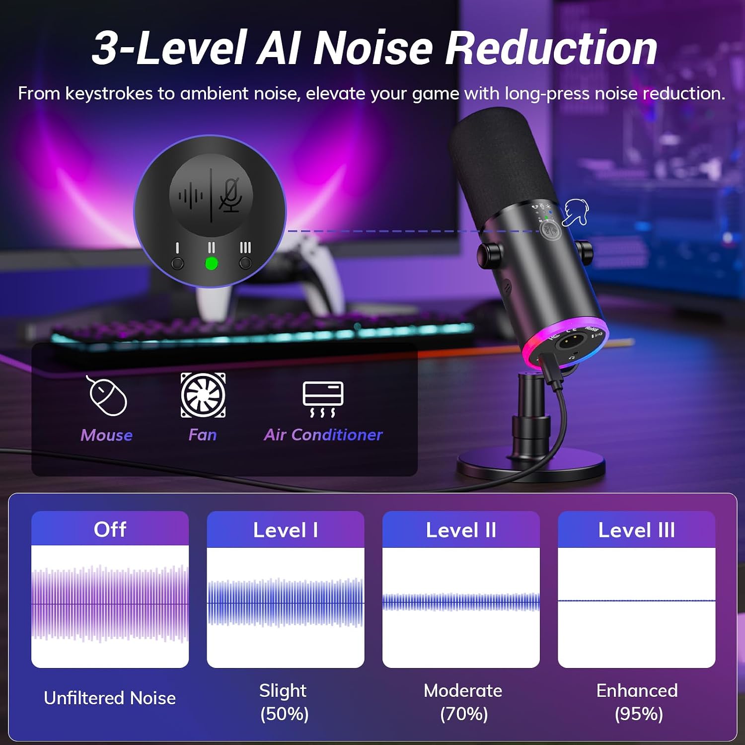 TONOR Dynamic Gaming Microphone, XLR/USB Mic Streaming, AI Noise Cancellation, Controlable RGB, Tap Mute, 3.5mm Headphone Jack, Volume Control, Microfono with Desktop Stand, Black, TD510 AIR S