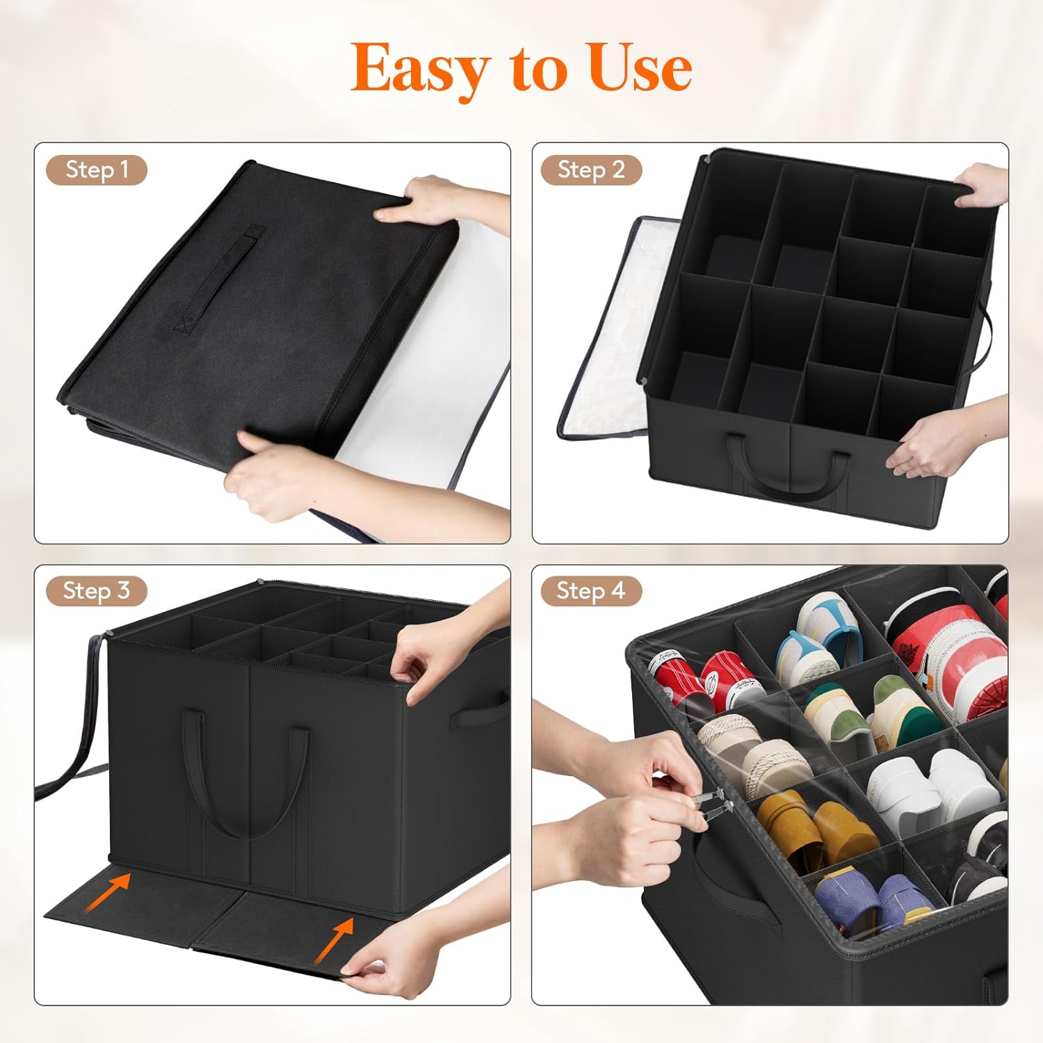 Lifewit Shoe Storage Organizer for Closet, Fabric Large Shoe Box Storage Containers with Clear Cover, Foldable Bins for Boots Heels Sneakers Fits 36-48 Pairs (Each 12-16 Pairs) 3 Pack Black