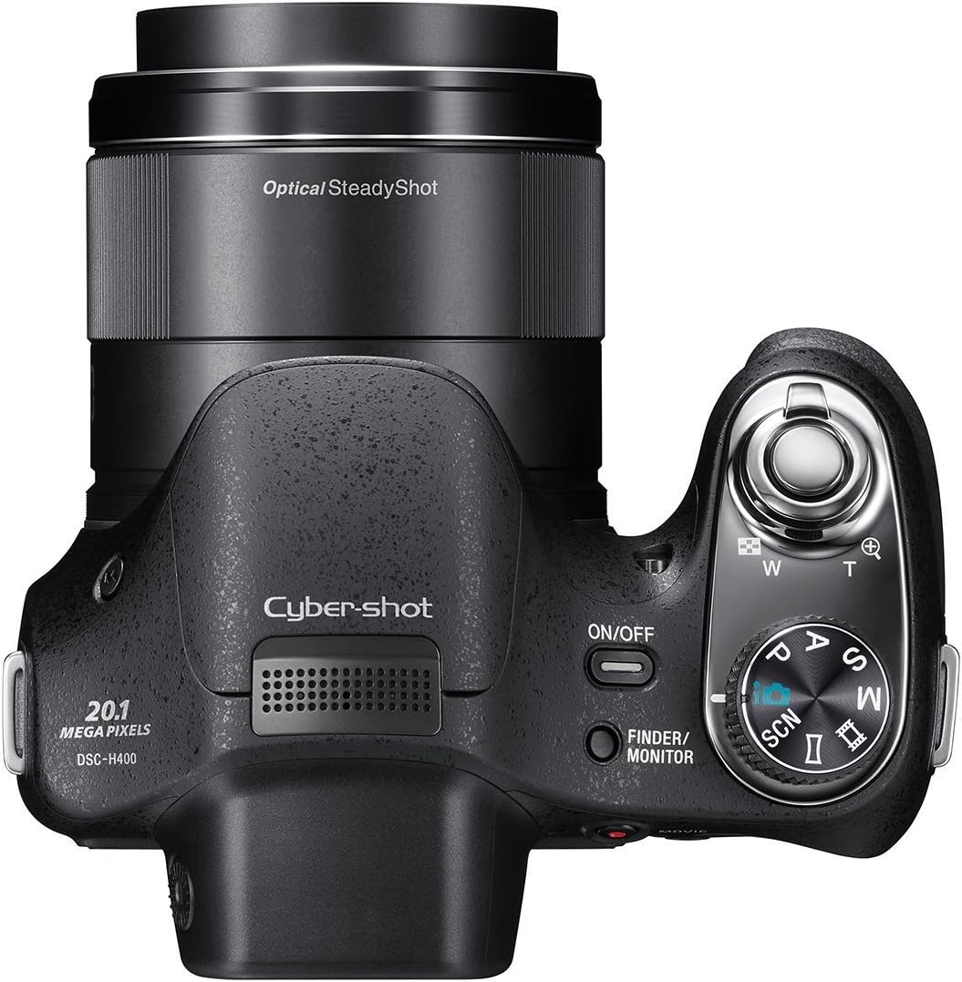 Nahoru view of Sony H400 camera showing the ON/OFF button, mode dial, and shutter button.