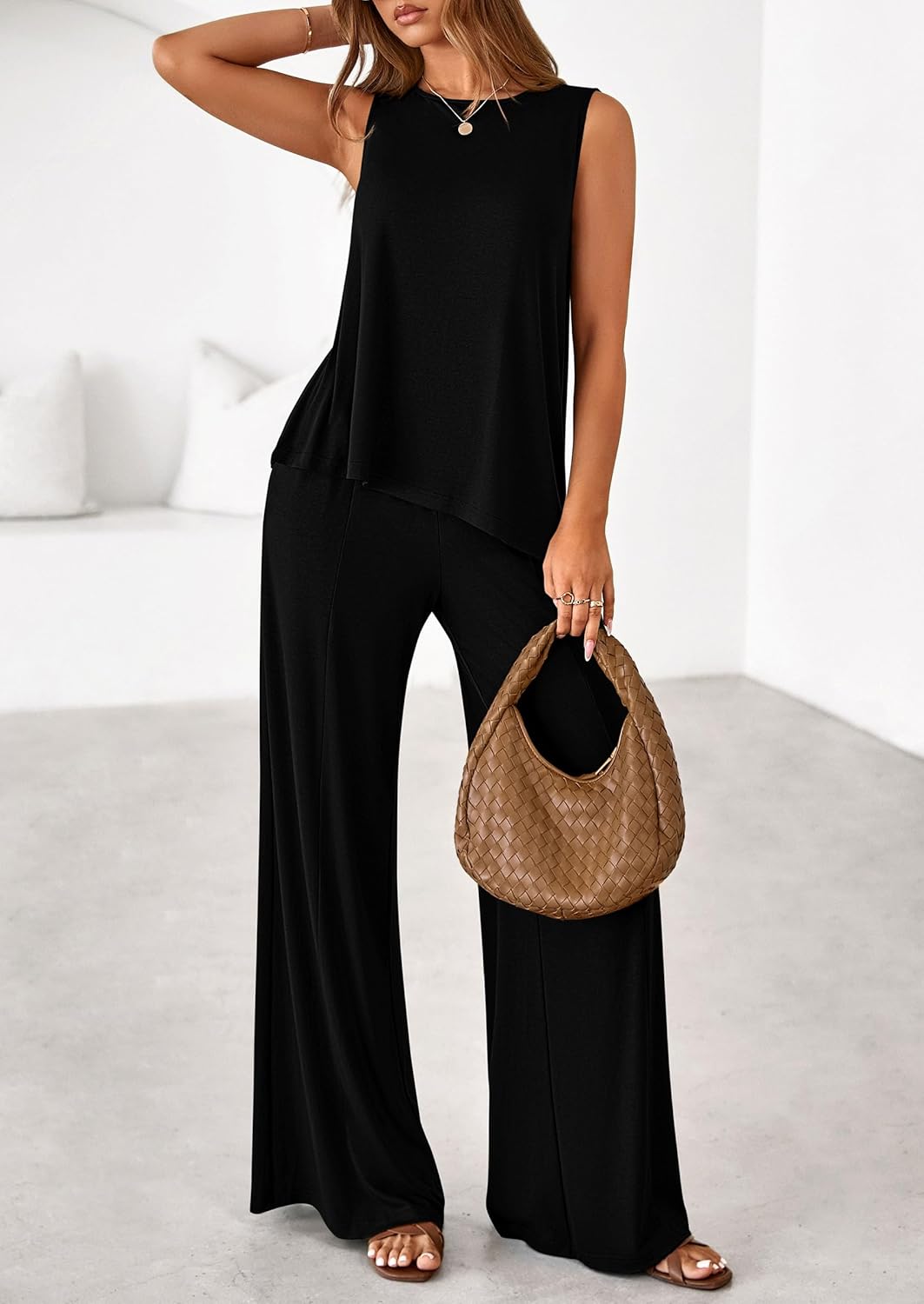 PRETTYGARDEN Women's 2026 Two Piece Matching Lounge Sets Asymmetrical Split Tank Tops Wide Leg Pants Summer Outfits Tracksuit - Image 3