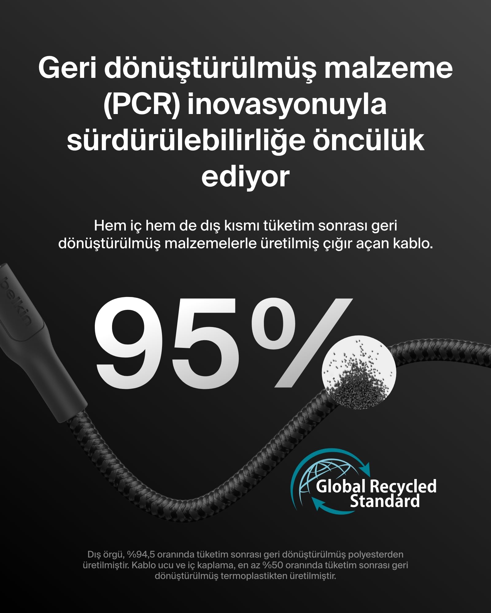 Belkin Eco Örgülü USB-C - USB-C Kablosu, 3 m, 240 W, Yumuşak, Esnek Hızlı Şarj Kablosu, iPhone 16, Galaxy S25, Pixel 9, MacBook, iPad Pro ve Daha Fazlası için Tip-C Şarj Kablosu - Siyah (USB 2.0)