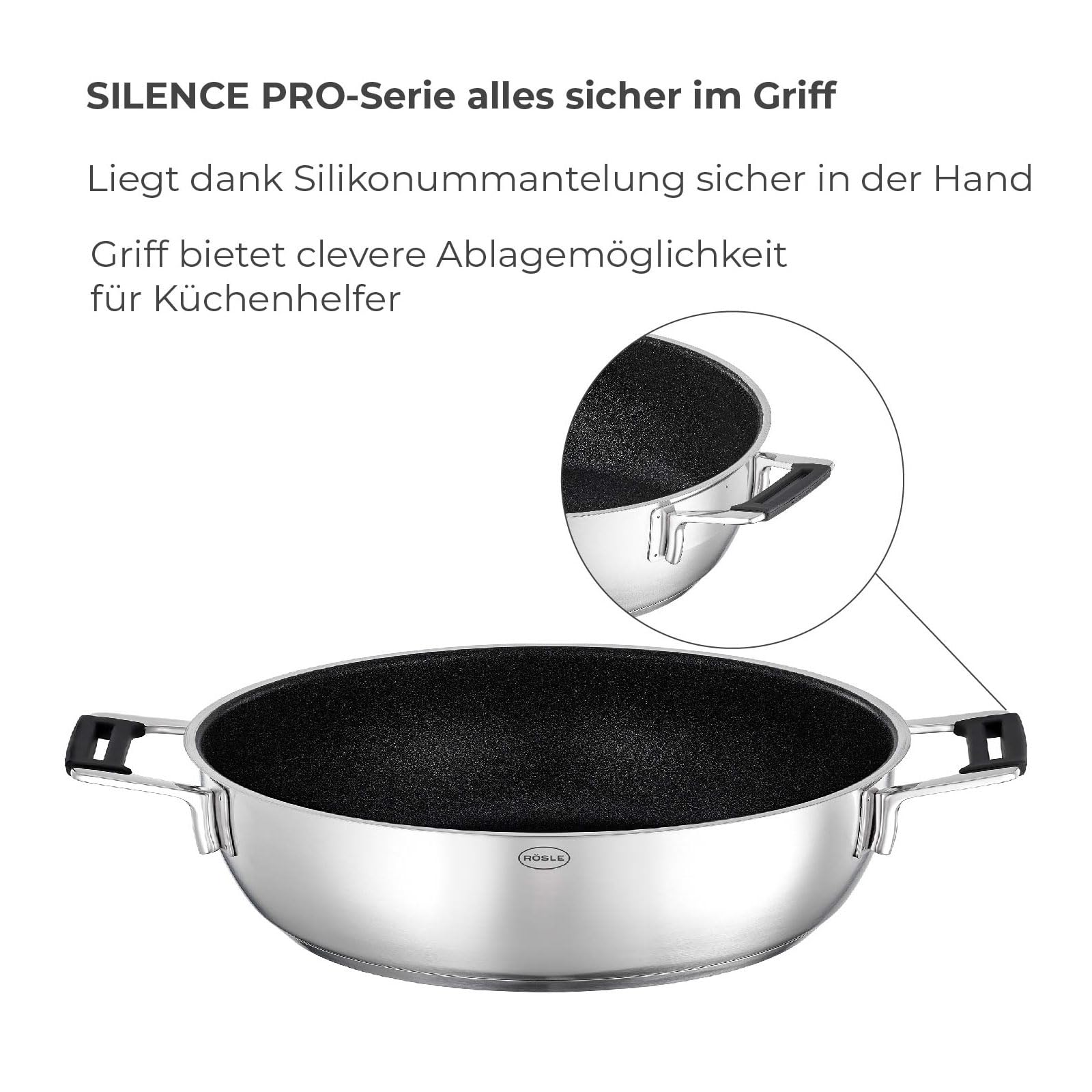 RÖSLE SILENCE PRO ProResist Servierpfanne, Antihaft & Robust - Ø 28 cm, Hitzebeständig bis 160 °C, Keramikversiegelung, silbern, Edelstahl 18/10, spülmaschinengeeignet mit Deckel