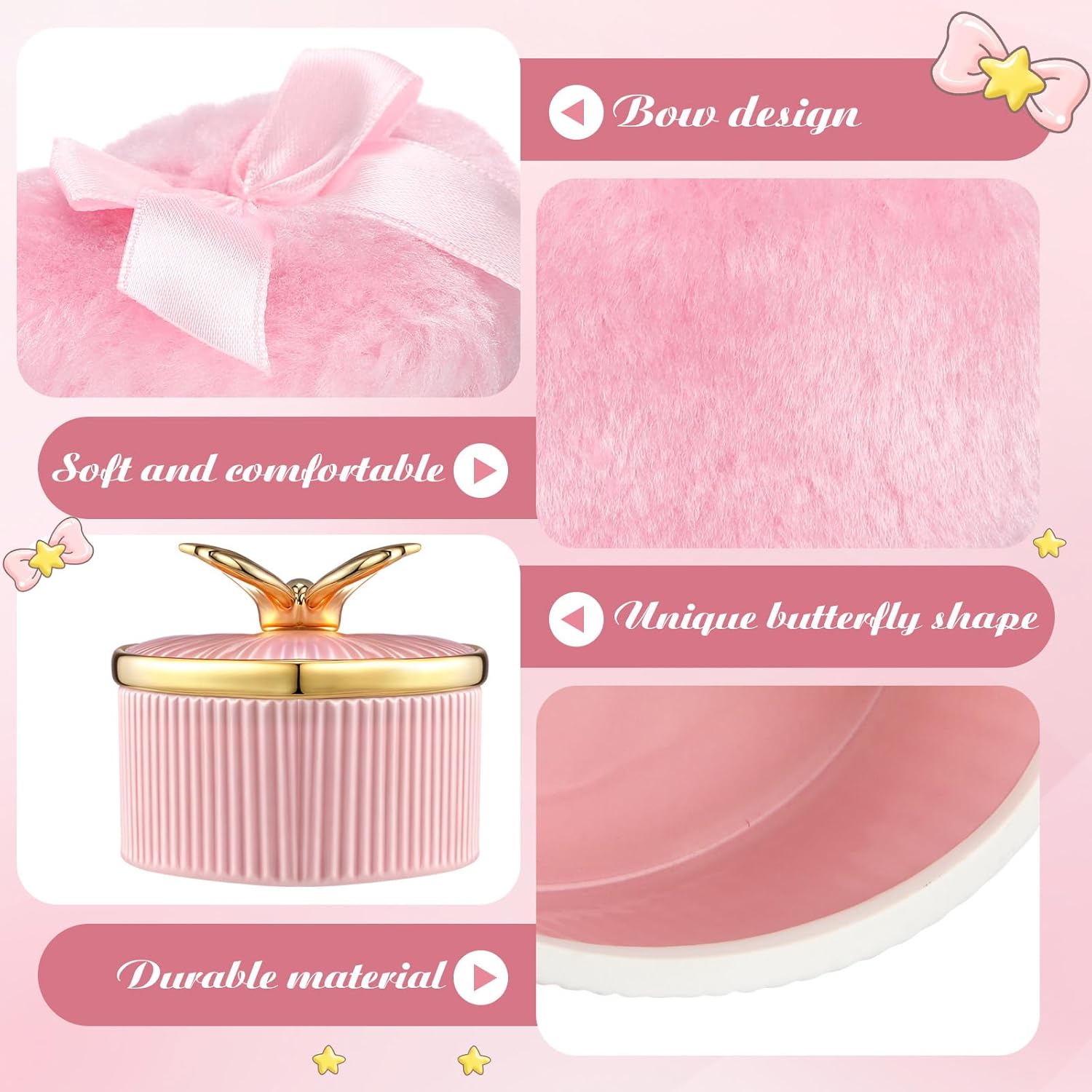 Honeydak 4 Pcs Body Powder Puff and Container 3.15 Inch Women Puffs Pink Heart Butterfly Dusting Powder Container Case Soft Reusable Washable for Travel Bath Wet Dry Makeup - Image 3