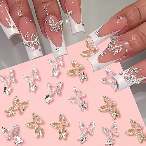 20 dijes de aleación de mariposa 3D de metal brillante de mariposa para uñas acrílicas, diamantes de imitación de mariposa dorada y plateada con