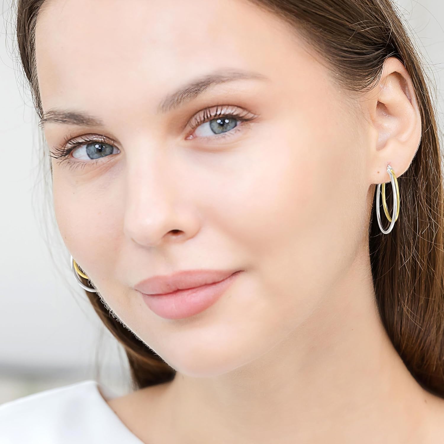 Hoops & Loops 925 Sterling Silver Double Circle Hoop Earrings for Women - 30mm Layered Stacked Circle Round-Tube Click-Top Hoops, Two-Tone 14K Yellow Gold, Rose Gold Flash Plated, Black - Image 5