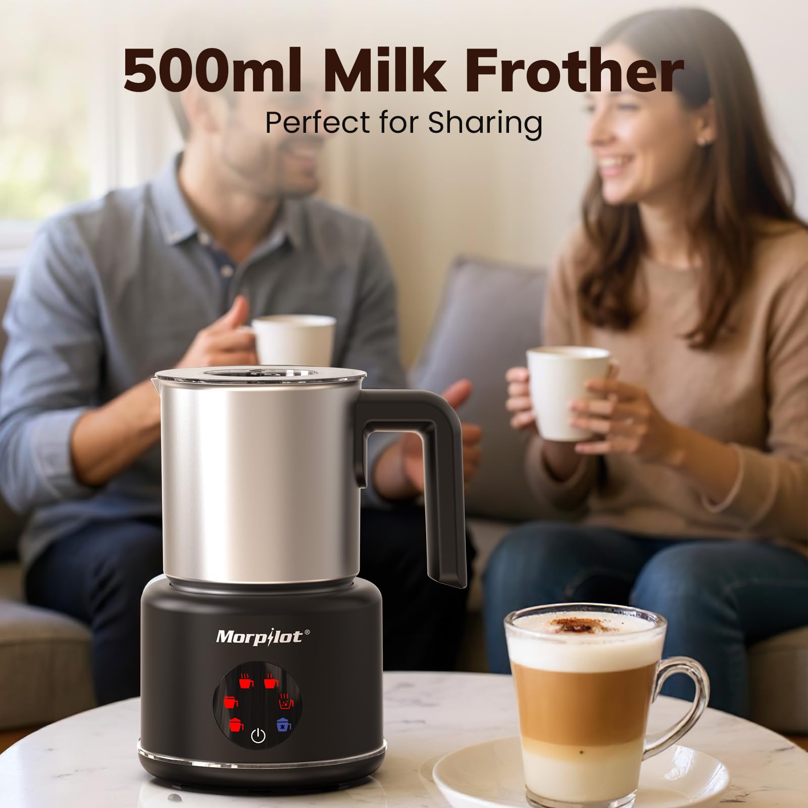 Morpilot Espumador de Leche Eléctrico 500ml, Calentador de Leche 6 en 1, para Espuma Caliente y Fría, Chocolate Caliente, Latte, Capuchino y Macchiato, Apto para Lavajillas, Acero Inoxidable, Negro