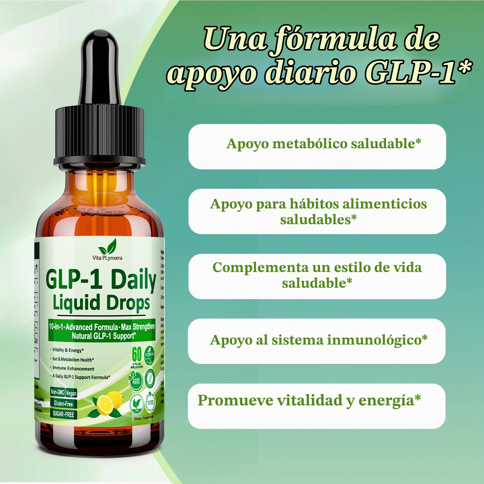 Gotas líquidas de apoyo GLP-1, fórmula 10 en 1 con berberina, canela de Ceilán, fibra prebiótica y extracto de té verde