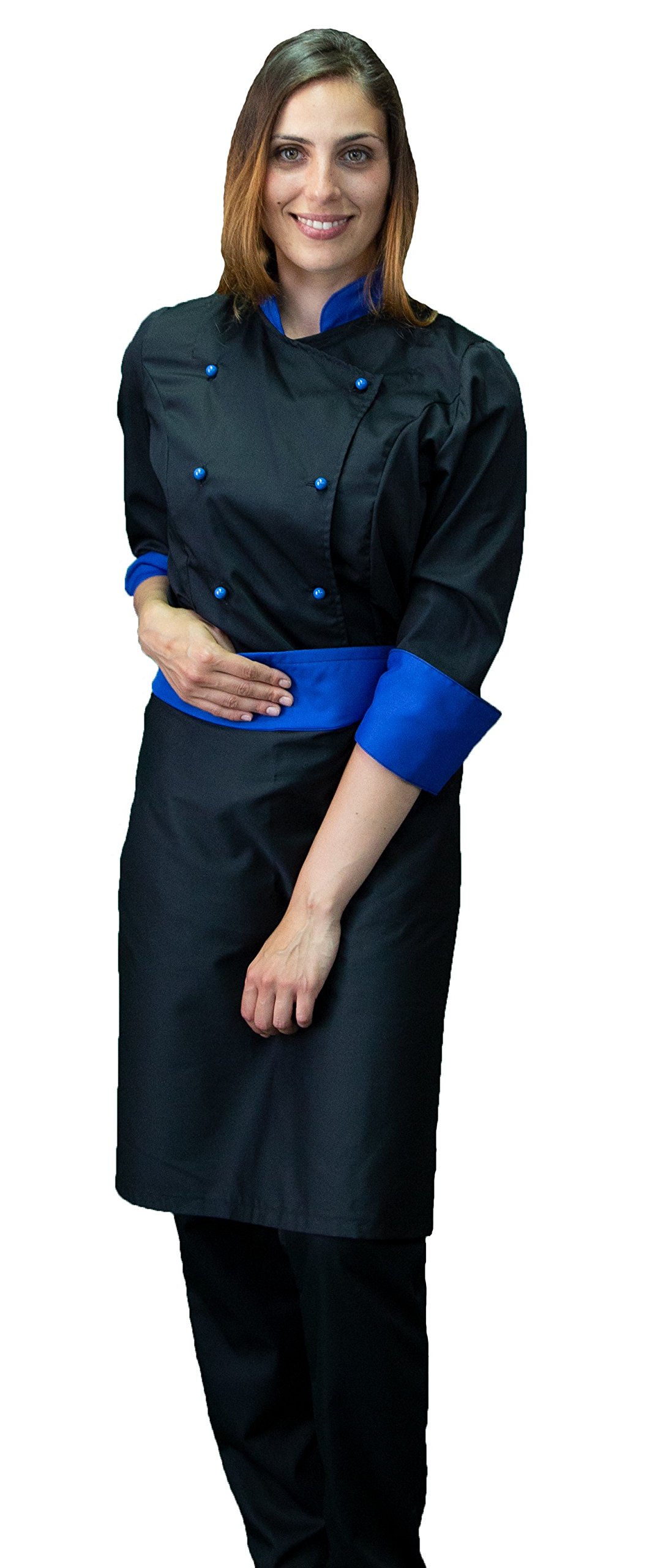 Ricamo Gratuito - Completo Cuoco da Cucina - Nero e Blu - Divisa Chef Donna - Pantalone, Giacca e Grembiule - Made in Italy
