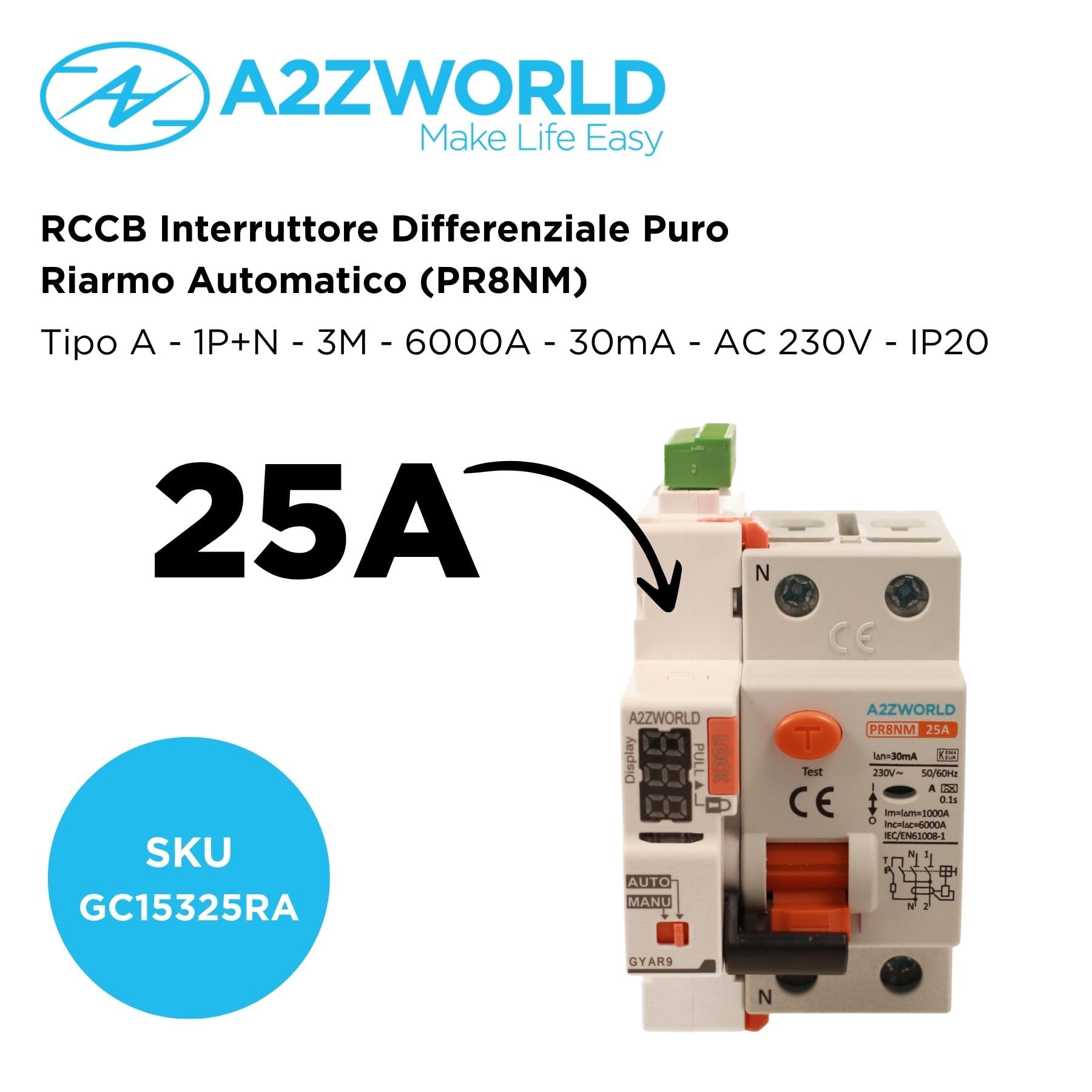 Interruttore Differenziale Riarmo Automatico 25A, Salvavita Tipo A 30mA, 3 Tentativi (10s/60s/300s), Occupa 3 Moduli DIN, RCCB 1P+N 6kA 220V, Display A Led