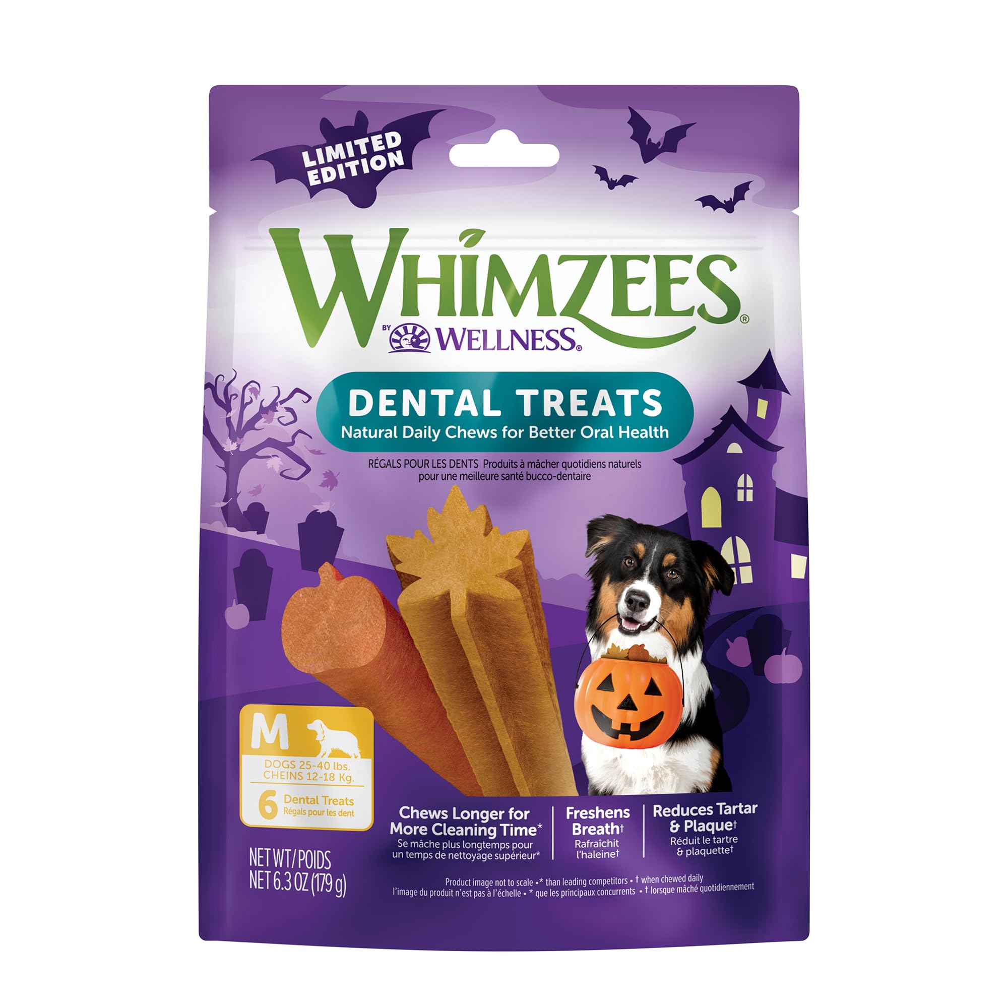 Wellness WHIMZEES Fall Dog Dental Treats, Autumn Natural Chews for Dogs, Medium Size Stick, (6 Count)