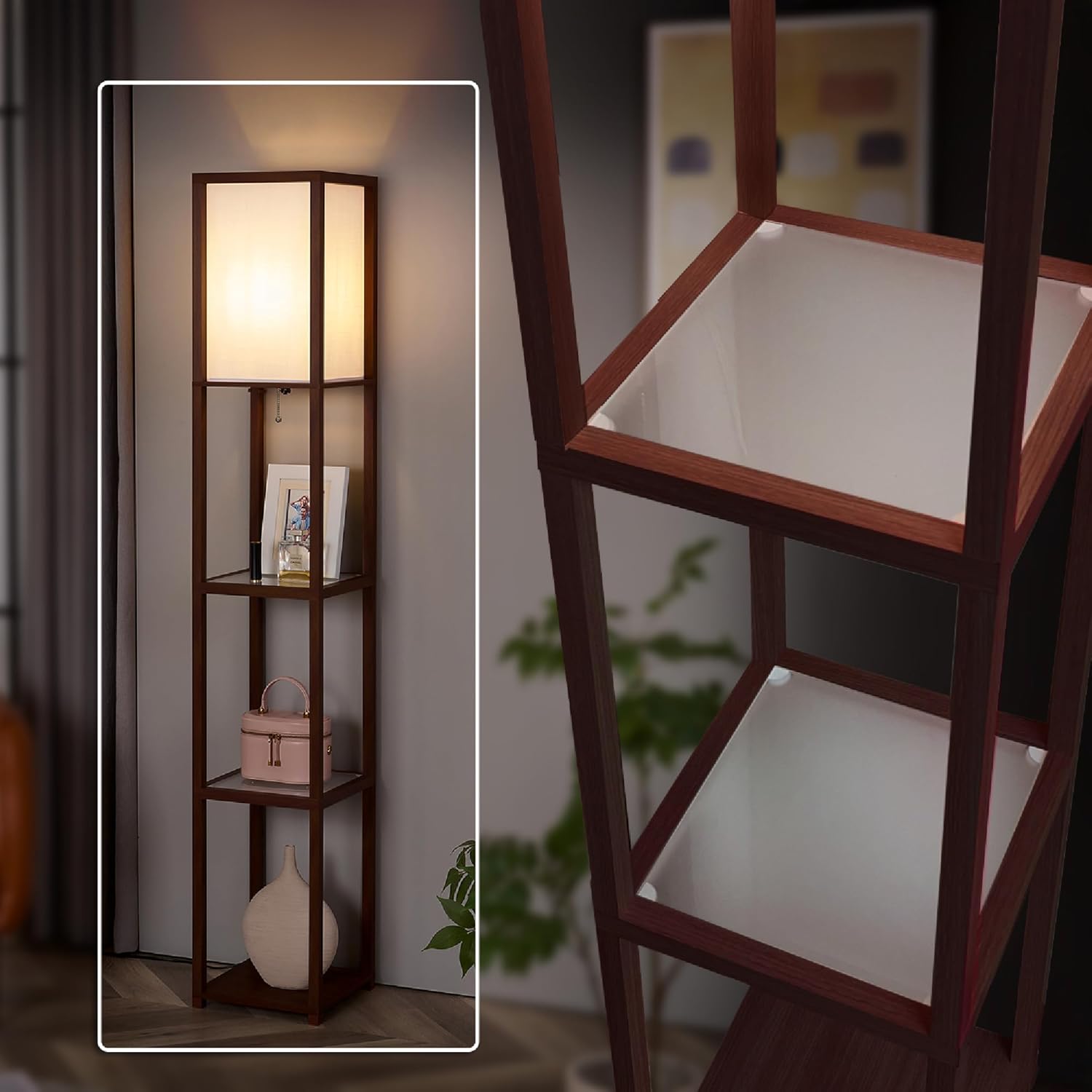 FENLO Floor Lamp with Shelves  Tall Standing Lamp with Tempered Glass Tiers  Modern Minimalist Floor Lamp for Bedroom, Living Room, or Corner Fina