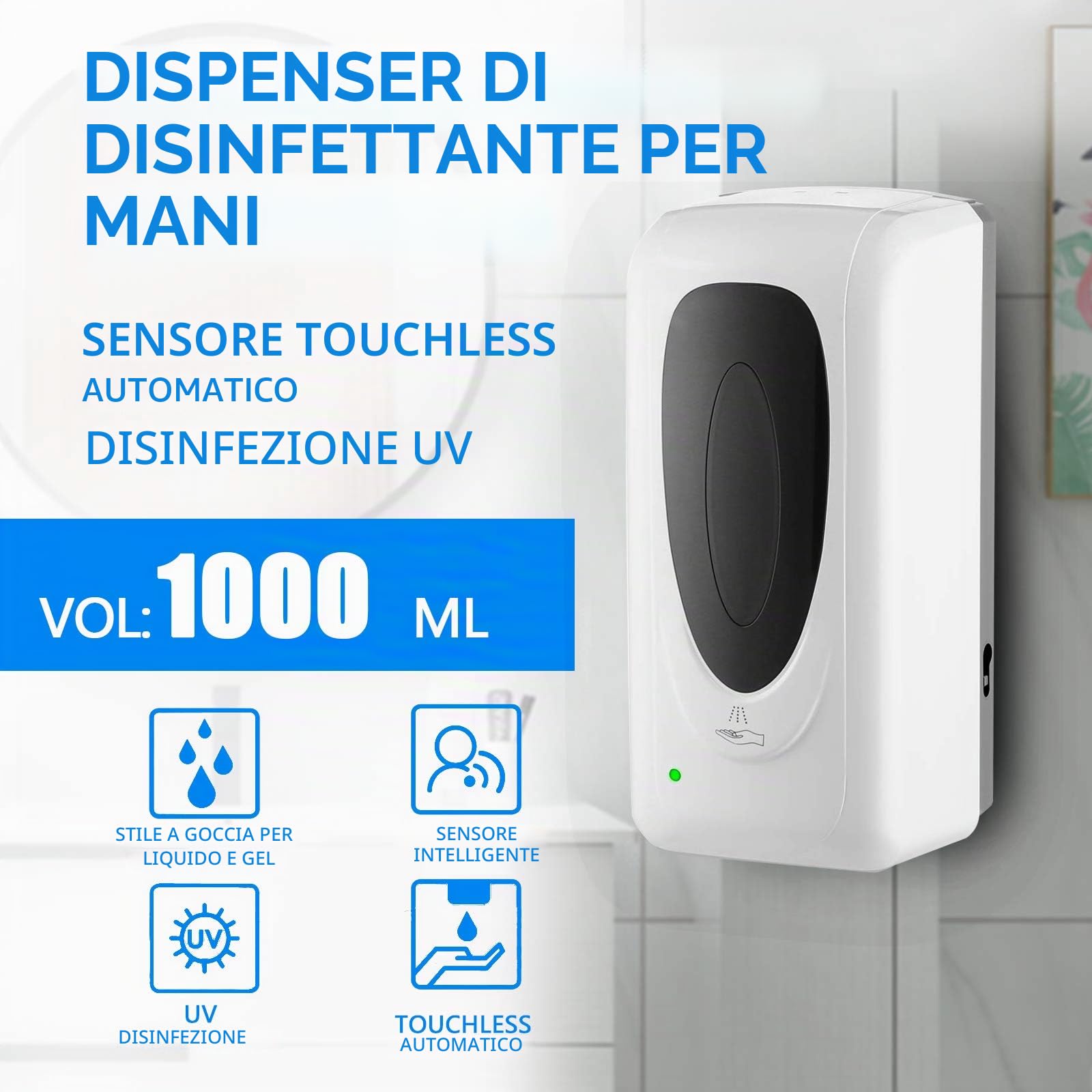 Dispenser Sapone di Disinfettante Automatico,1000ml Touchless Sensore Dispenser,Montato A Parete Di Detersivo Disinfettante Porta Sapone Liquido,Per Cucina,Bagno,Ufficio,Hotel